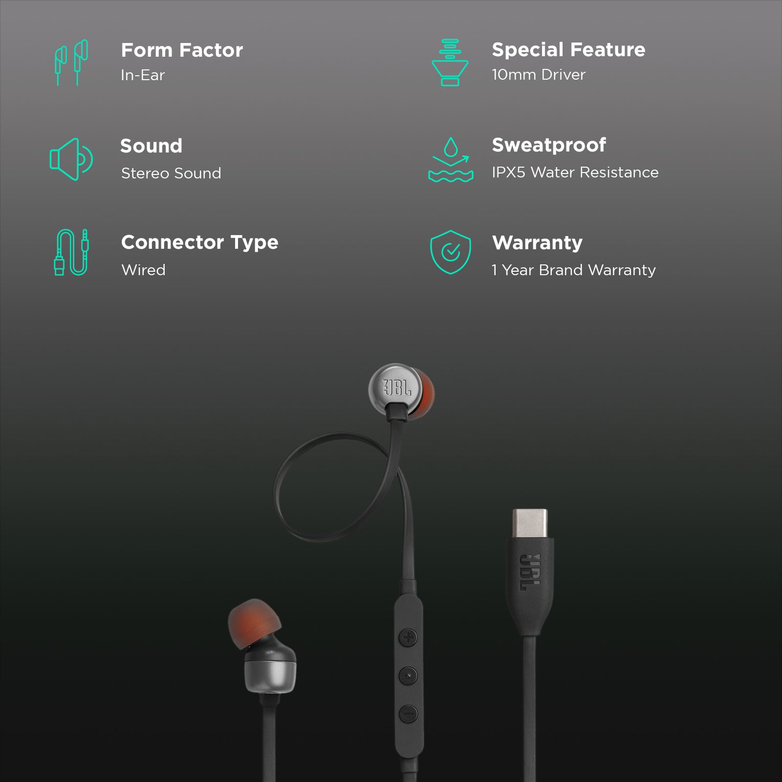 JBL T310C Wired Earphone with Mic (USB Type-C Connector, In Ear, Black) JBL T310C Wired Earphone with Mic (USB Type-C Connector, In Ear, Black)_2