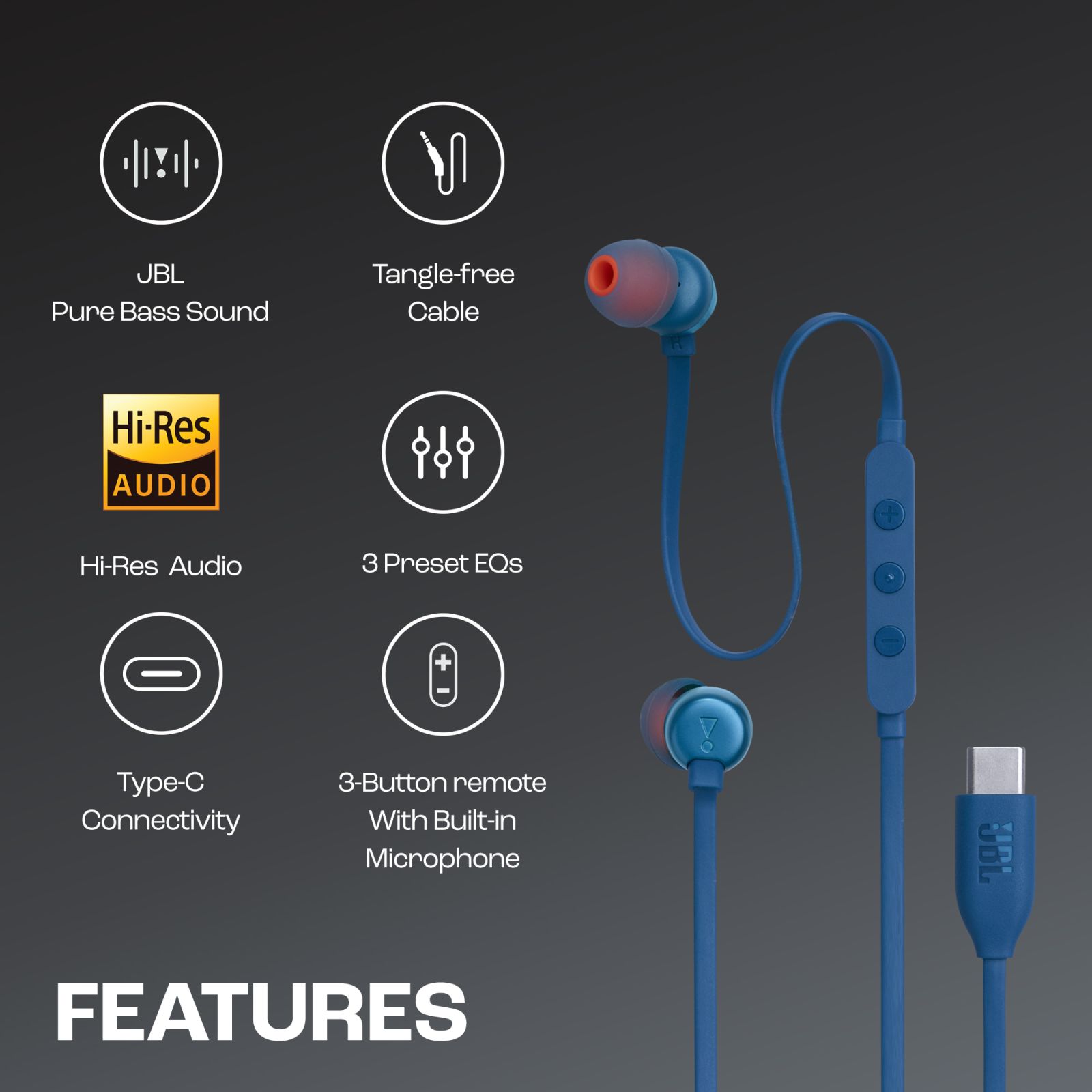 JBL T310C Wired Earphone with Mic (USB Type-C Connector, In Ear, Blue) JBL T310C Wired Earphone with Mic (USB Type-C Connector, In Ear, Blue)_16