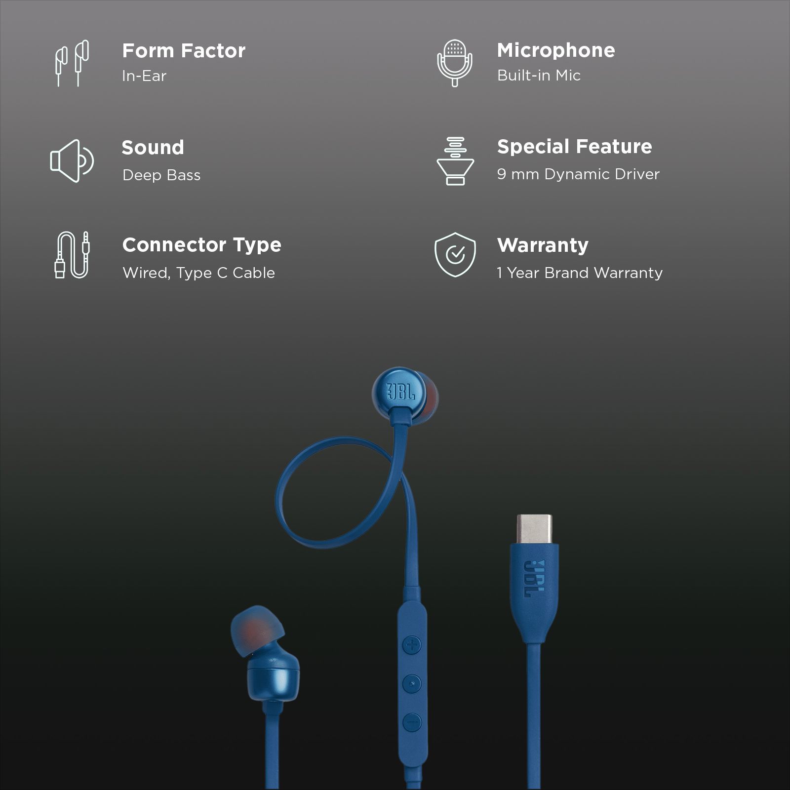 JBL T310C Wired Earphone with Mic (USB Type-C Connector, In Ear, Blue) JBL T310C Wired Earphone with Mic (USB Type-C Connector, In Ear, Blue)_2