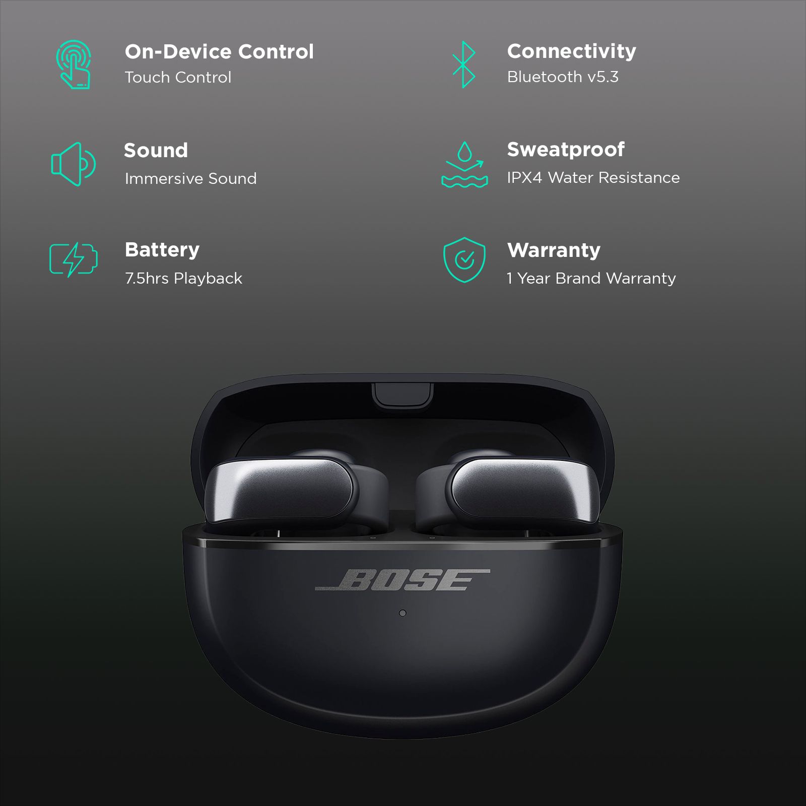 BOSE Ultra Open TWS Earbuds (IPX4 Water and Sweat Resistant, Upto 7.5 Hours Playback, Black)_2