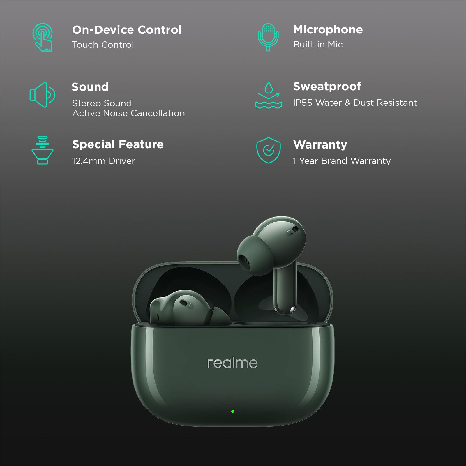 realme Buds T300 TWS Earbuds with Active Noise Cancellation (IP55 Dust & Water Resistant, 360 Degree Spatial Audio Effect, Dome Green)_2