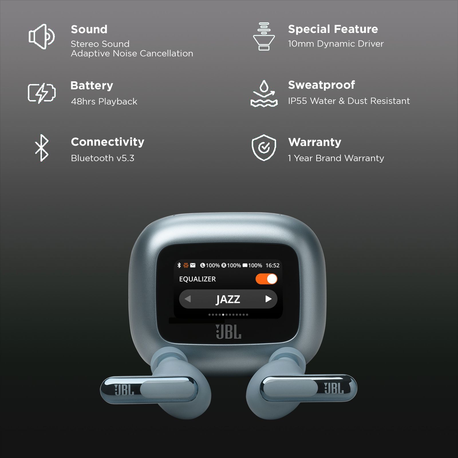 JBL Live Beam 3 TWS Earbuds with Adaptive Noise Cancellation (IP55 Waterproof & Dustproof, Touchscreen Display, Blue) JBL Live Beam 3 TWS Earbuds with Adaptive Noise Cancellation (IP55 Waterproof & Dustproof, Touchscreen Display, Blue)_2