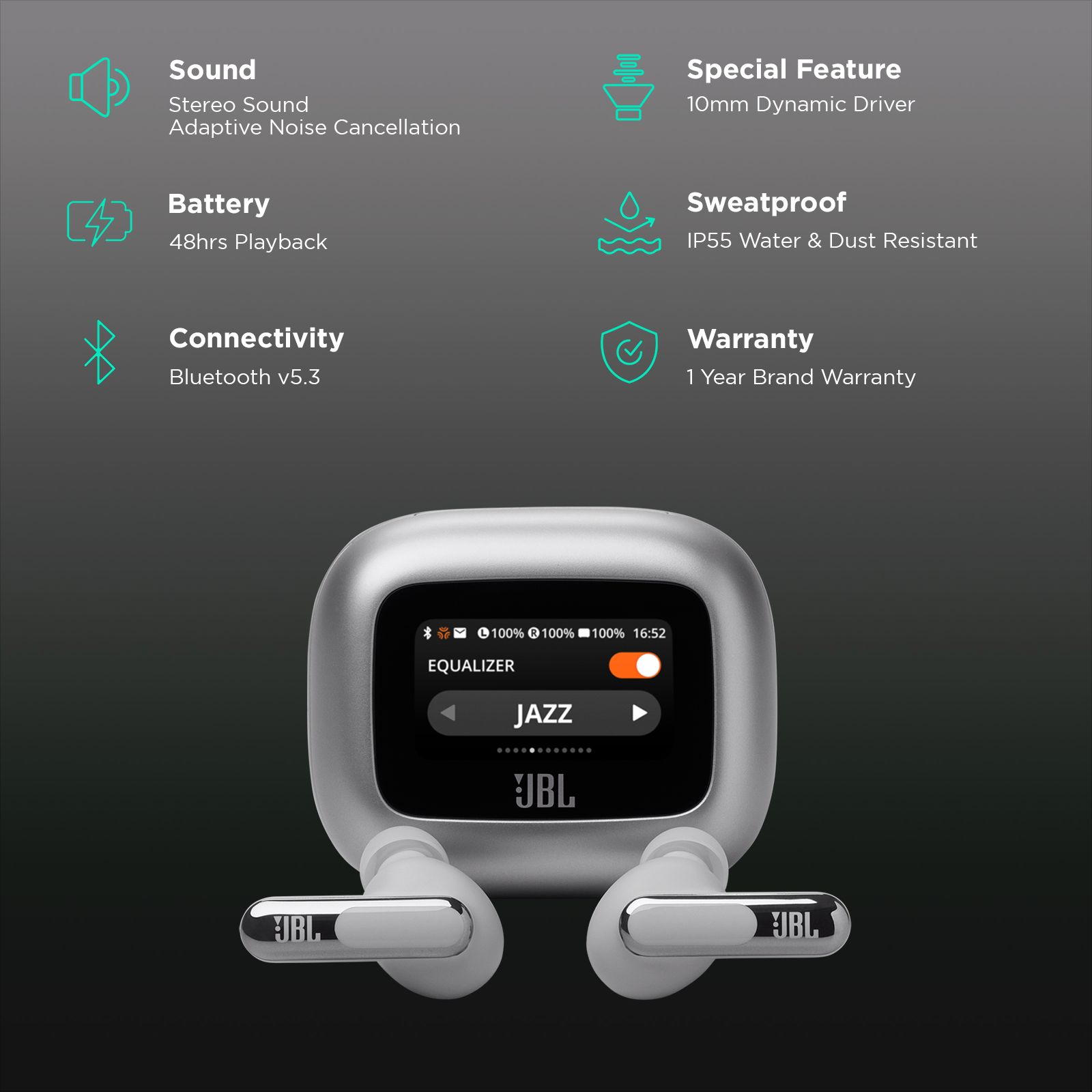 JBL Live Beam 3 TWS Earbuds with Adaptive Noise Cancellation (IP55 Waterproof & Dustproof, Touchscreen Display, Silver)_2