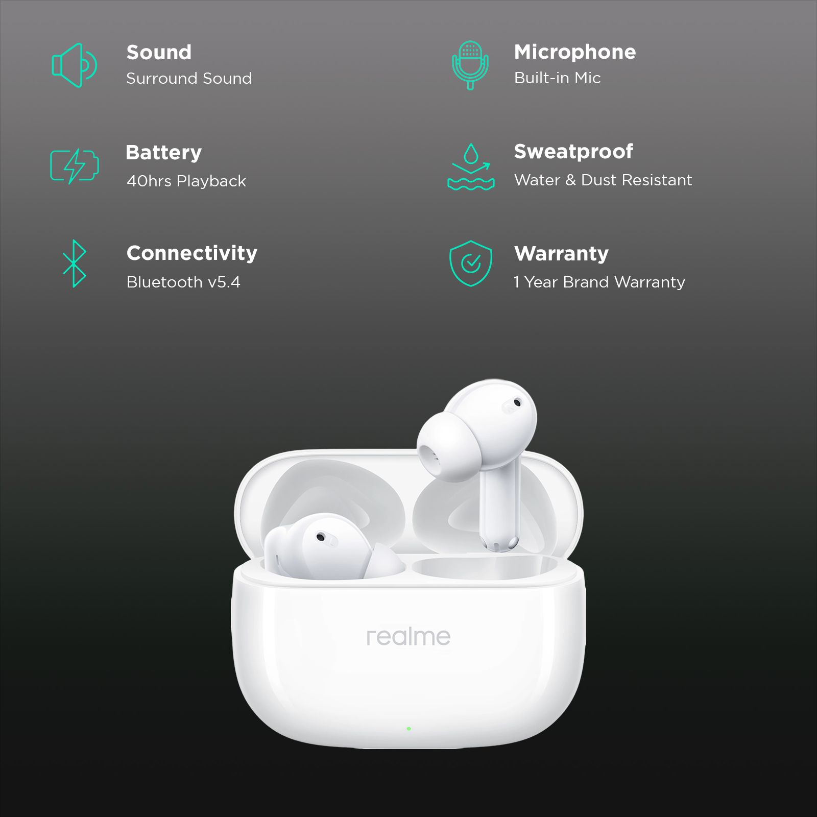 realme T310 TWS Earbuds with Hybrid Noise Cancellation (IP55 Water & Dust Resistance, 40 Hours Playback, Agile White) realme T310 TWS Earbuds with Hybrid Noise Cancellation (IP55 Water & Dust Resistance, 40 Hours Playback, Agile White)_2