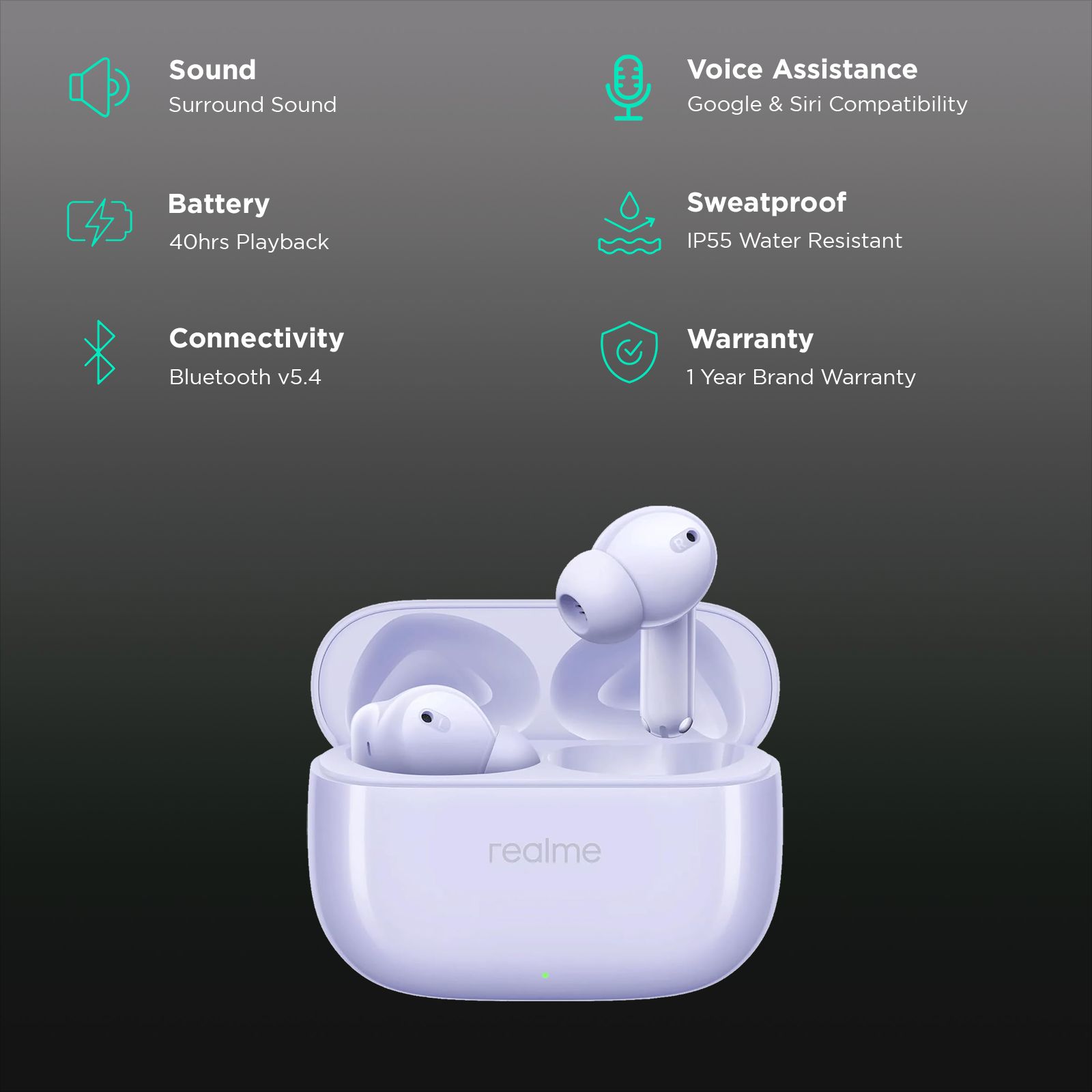 realme T310 TWS Earbuds with Hybrid Noise Cancellation (IP55 Water & Dust Resistance, 40 Hours Playback, Monet Purple)_2