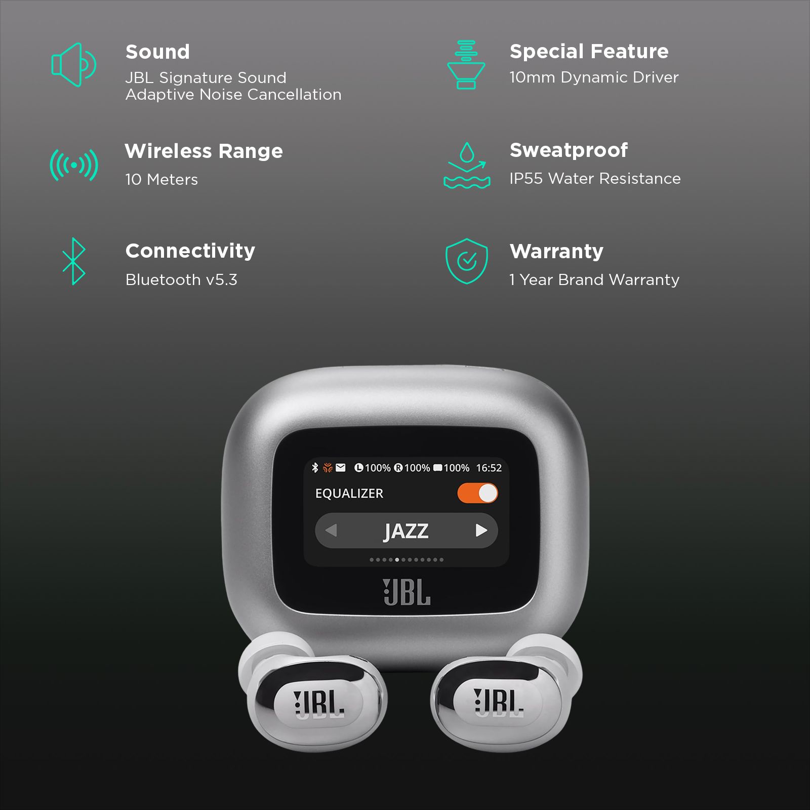 JBL Live Buds 3 TWS Earbuds with Adaptive Noise Cancellation (IP55 Water Resistant, Touchscreen Display, Silver) JBL Live Buds 3 TWS Earbuds with Adaptive Noise Cancellation (IP55 Water Resistant, Touchscreen Display, Silver)_2