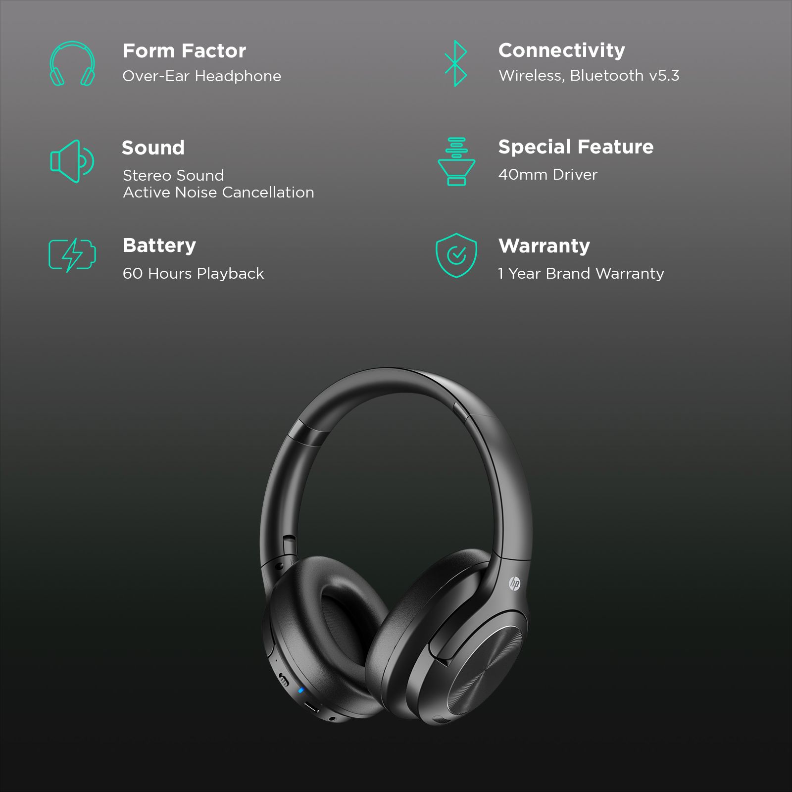 HP H300 99Y17AA Bluetooth Headset with Mic (Active Noise Cancellation, Over Ear, Black)_2