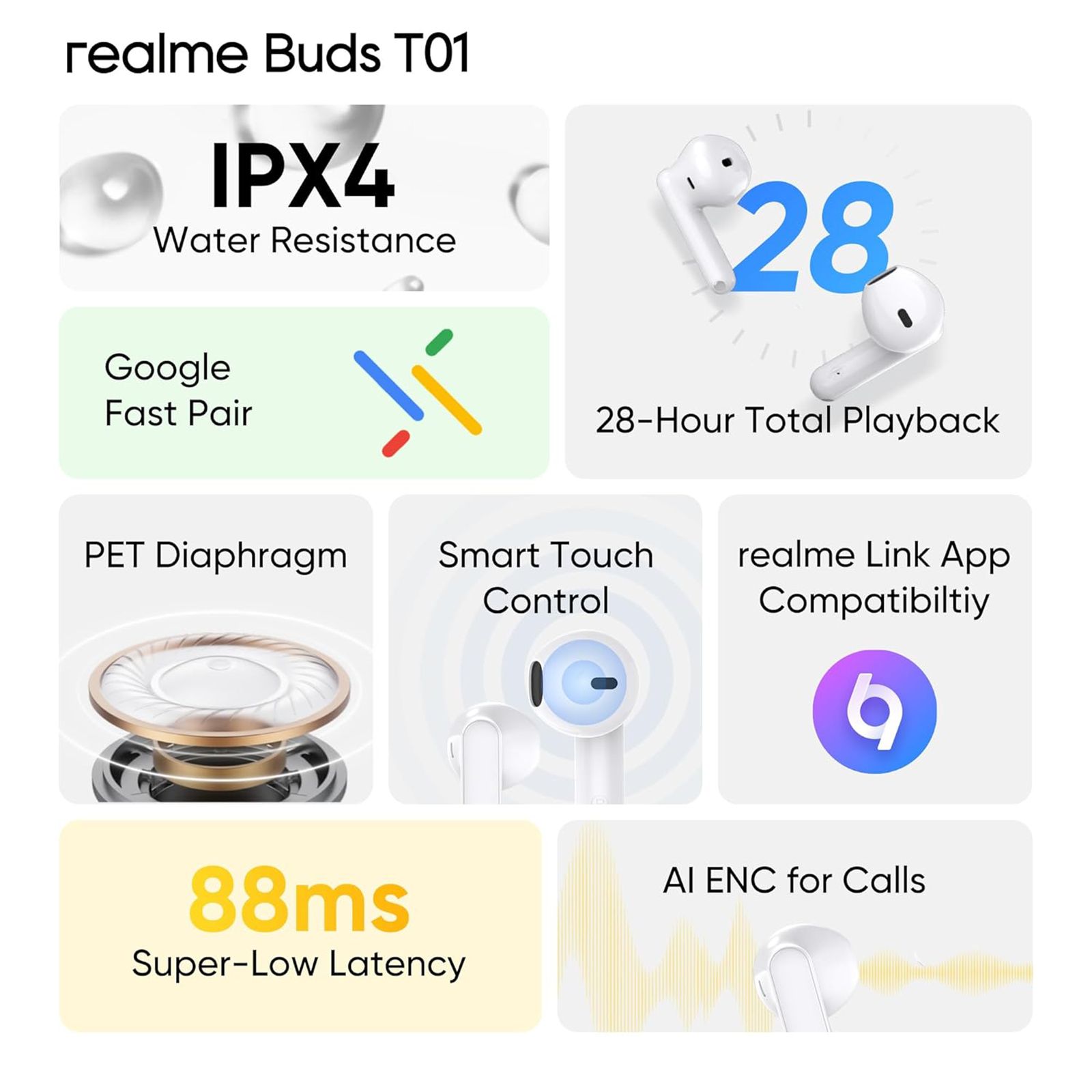 realme Buds T01 TWS Earbuds with AI ENC Noise Cancellation (IPX4 Water Resistant, Google Fast Pair, White) realme Buds T01 TWS Earbuds with AI ENC Noise Cancellation (IPX4 Water Resistant, Google Fast Pair, White) _10