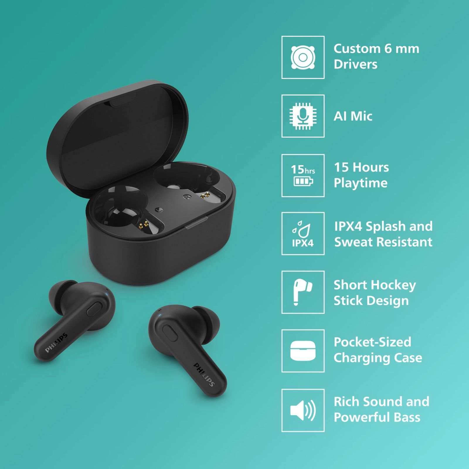 PHILIPS TAT1108BK/00 TWS Earbuds with Environmental Noise Cancellation (IPX4 Splash and Sweat Resistant, Dynamic Drivers, Black) PHILIPS TAT1108BK/00 TWS Earbuds with Environmental Noise Cancellation (IPX4 Splash and Sweat Resistant, Dynamic Drivers, Black)_7