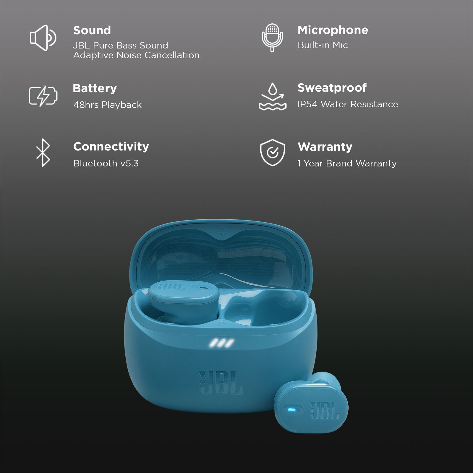 JBL Tune Buds 2 TWS Earbuds with Adaptive Noise Cancellation (IP54 Water Resistant, 48 Hours Playback, Turquoise) JBL Tune Buds 2 TWS Earbuds with Adaptive Noise Cancellation (IP54 Water Resistant, 48 Hours Playback, Turquoise)_2
