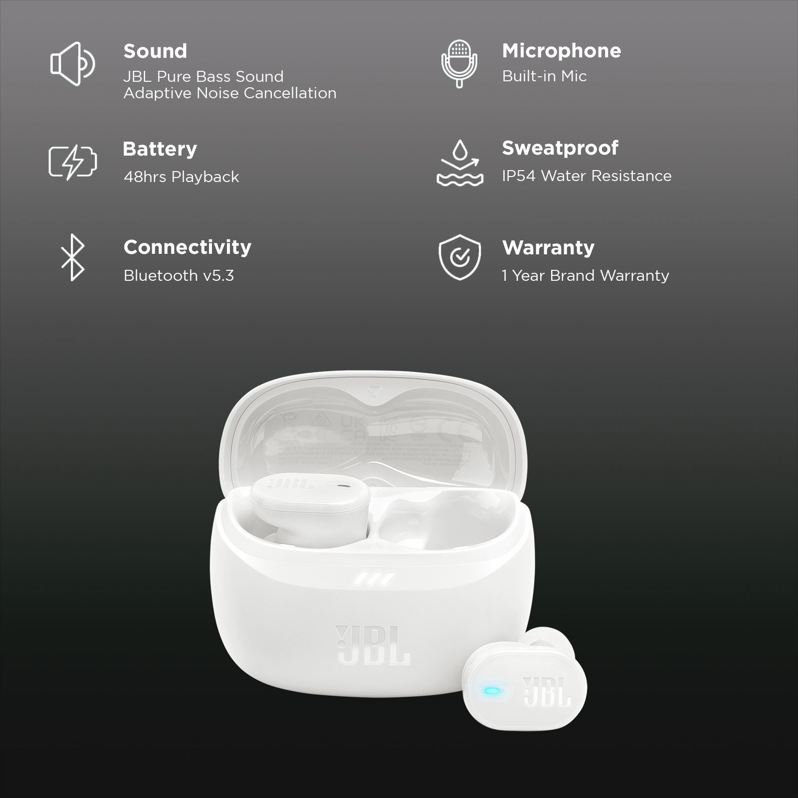 JBL Tune Buds 2 TWS Earbuds with Adaptive Noise Cancellation (IP54 Water Resistant, 48 Hours Playback, White) JBL Tune Buds 2 TWS Earbuds with Adaptive Noise Cancellation (IP54 Water Resistant, 48 Hours Playback, White)_2