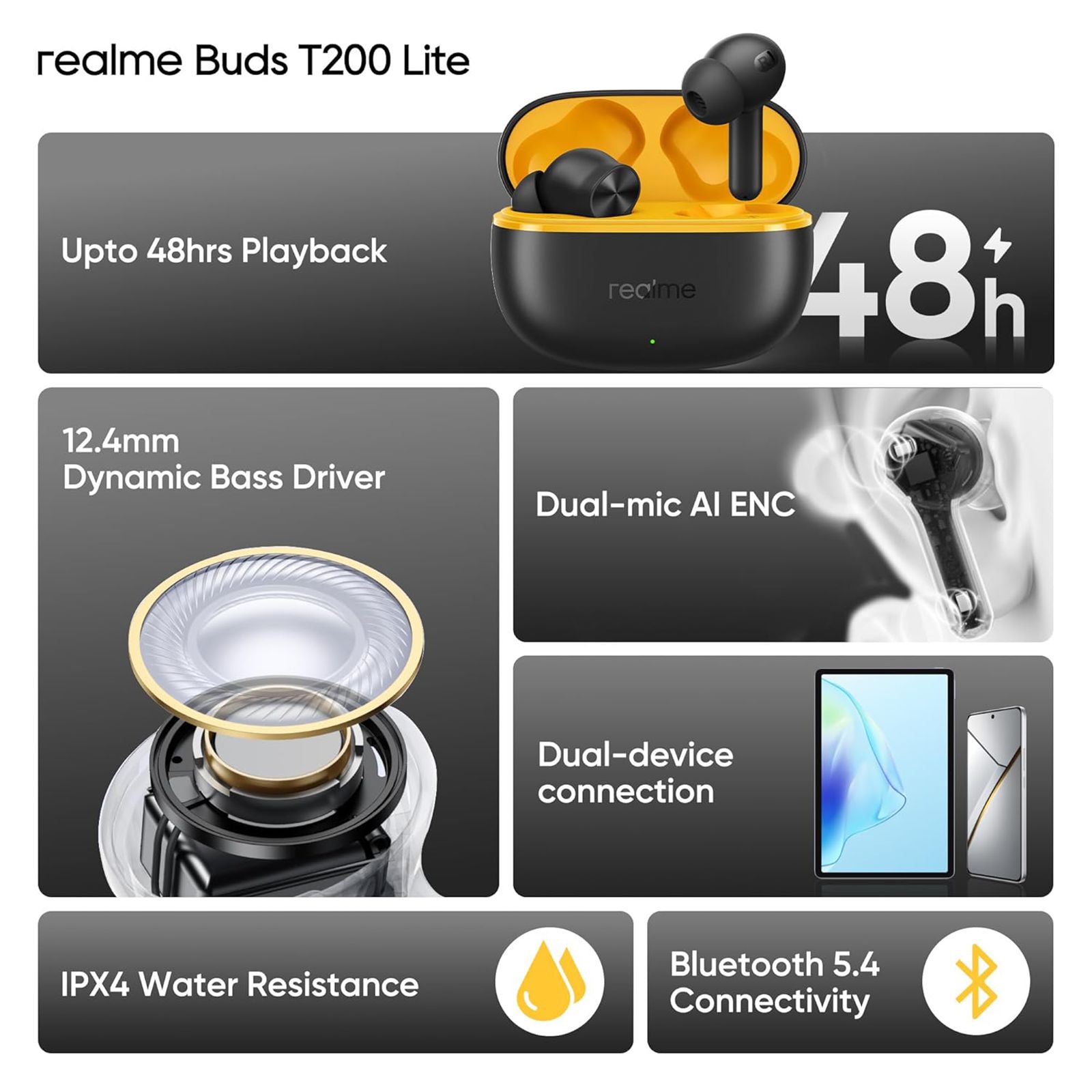 realme Buds T200 Lite TWS Earbuds with Environmental Noise Cancellation (IPX4 Water Resistant, Dual Device Connection, Volt Black) realme Buds T200 Lite TWS Earbuds with Environmental Noise Cancellation (IPX4 Water Resistant, Dual Device Connection, Volt Black)_7