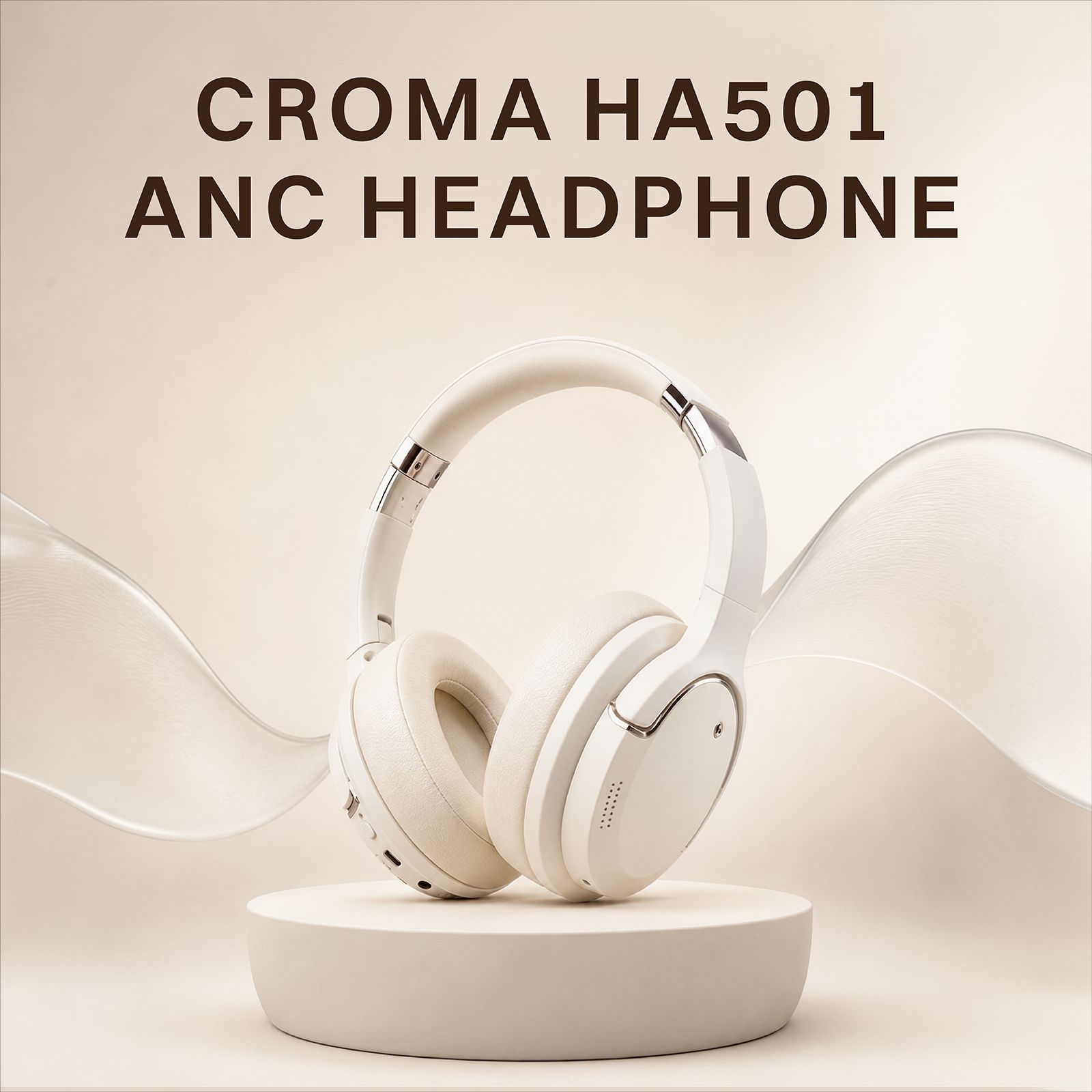 Croma Bluetooth Headphone with Mic (Active Noise Cancellation, Over Ear, Beige)_3