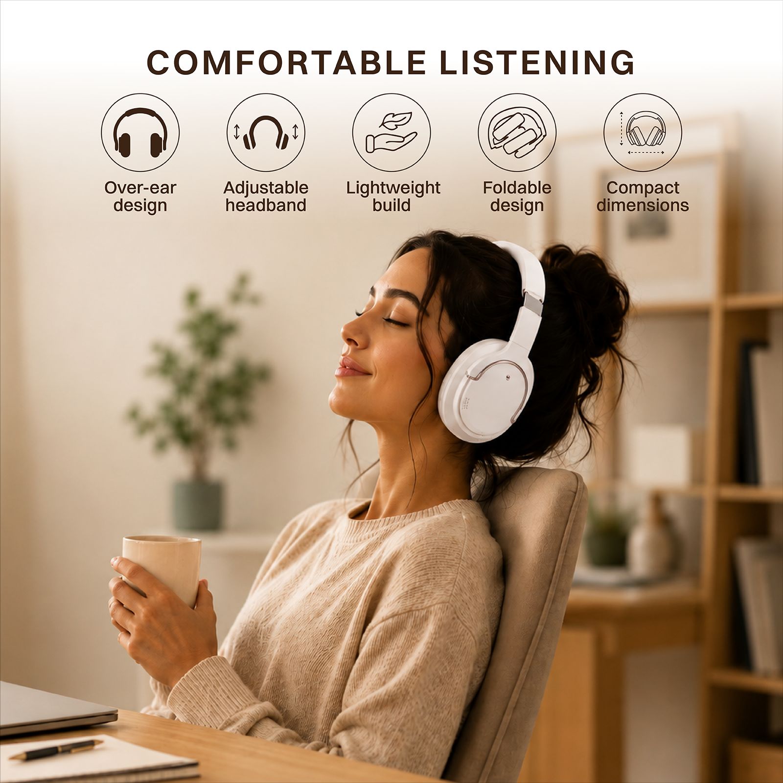 Croma Bluetooth Headphone with Mic (Active Noise Cancellation, Over Ear, Beige)_4