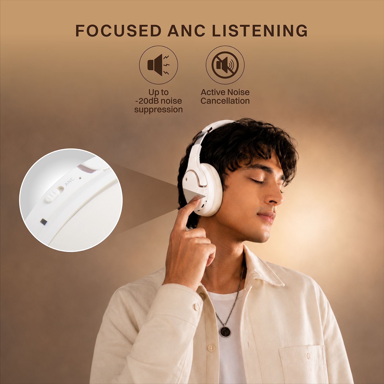 Croma Bluetooth Headphone with Mic (Active Noise Cancellation, Over Ear, Beige)_5