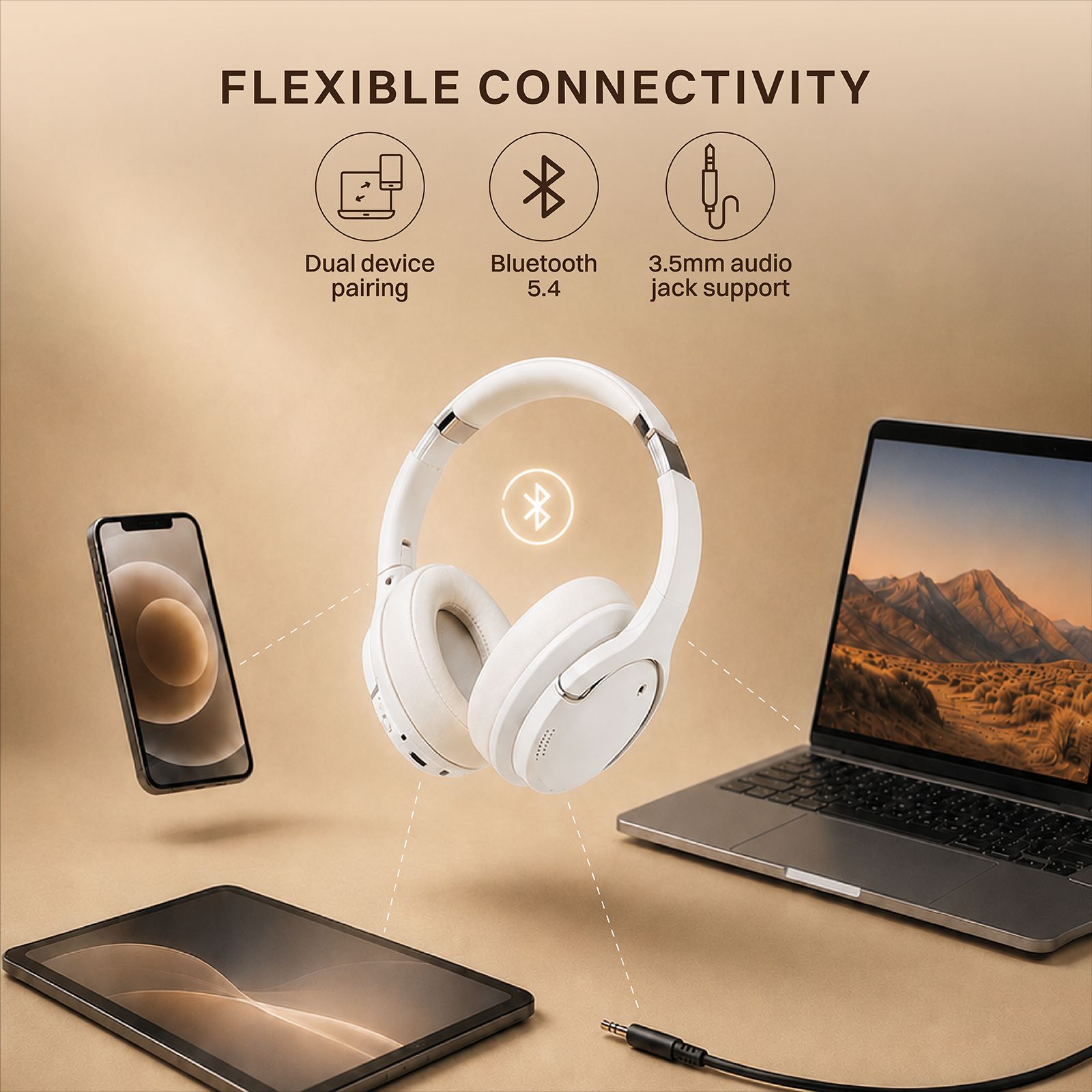 Croma Bluetooth Headphone with Mic (Active Noise Cancellation, Over Ear, Beige)_7