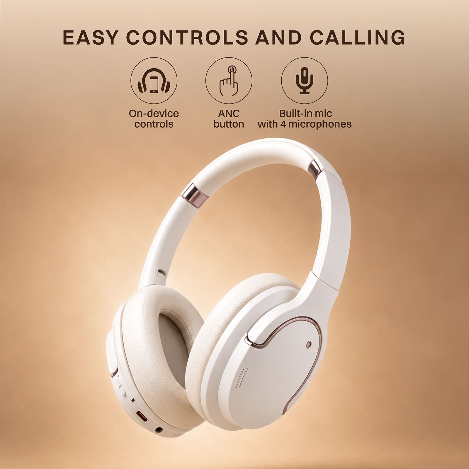 Croma Bluetooth Headphone with Mic (Active Noise Cancellation, Over Ear, Beige)_8
