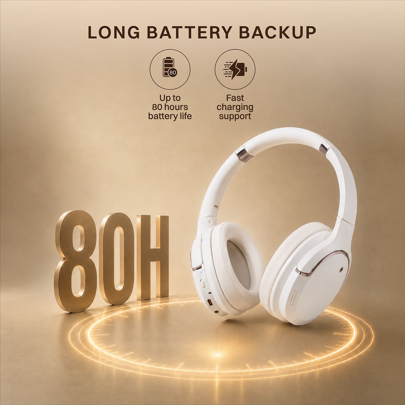 Croma Bluetooth Headphone with Mic (Active Noise Cancellation, Over Ear, Beige)_9
