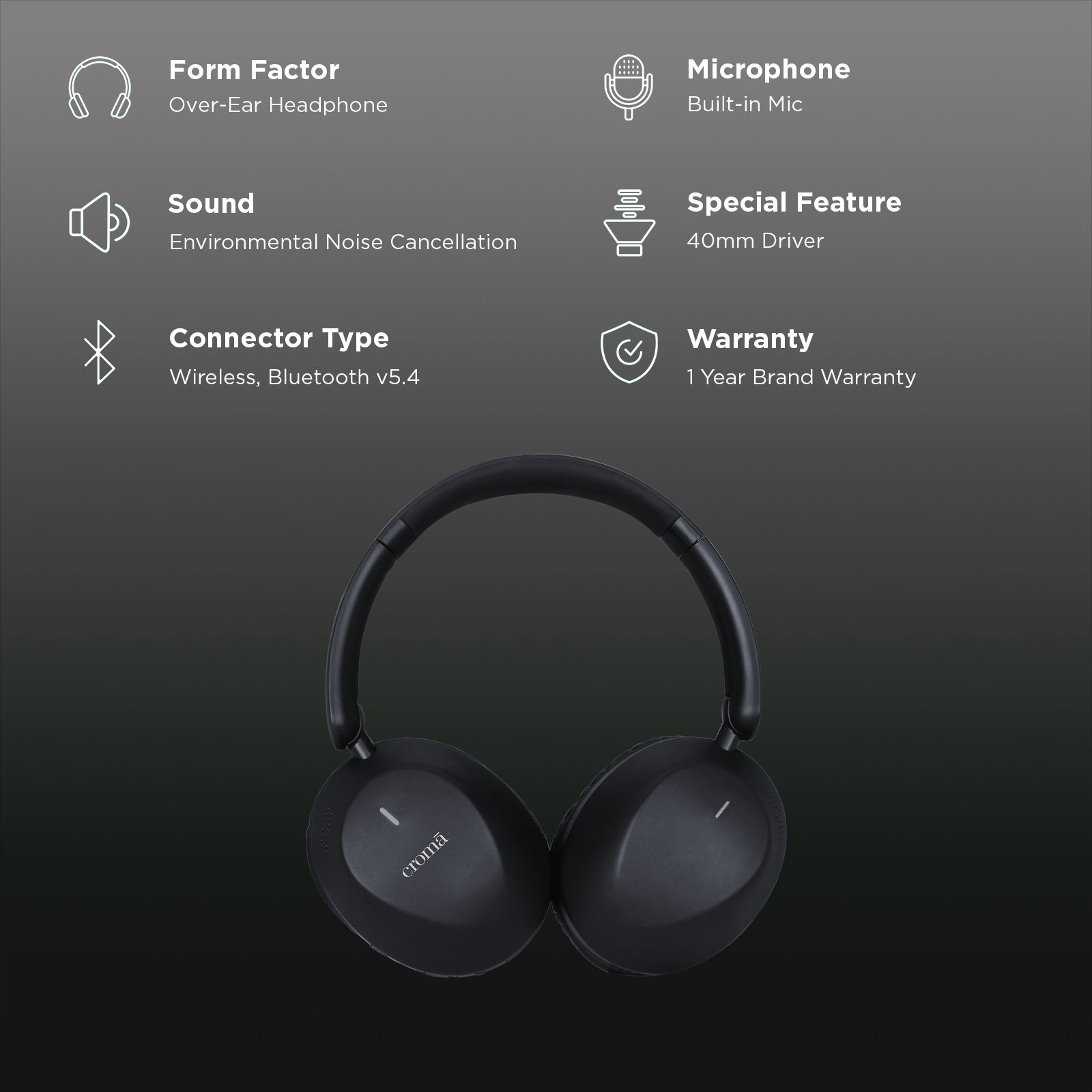 Croma HE101 Bluetooth Headphone with Mic (Environmental Noise Cancellation, Over Ear, Black) Croma HE101 Bluetooth Headphone with Mic (Environmental Noise Cancellation, Over Ear, Black)_2