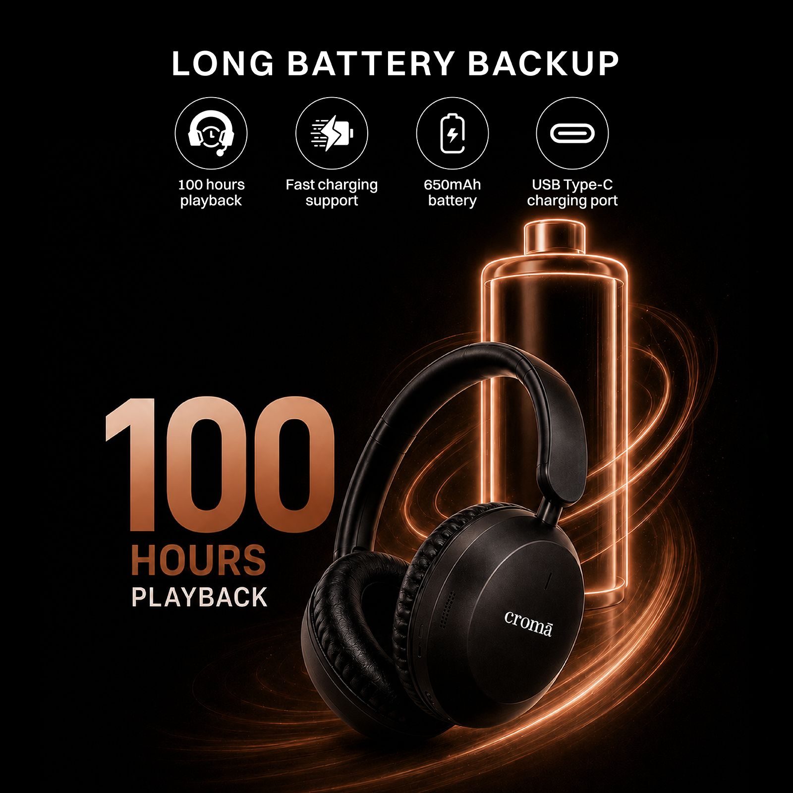 Croma HE101 Bluetooth Headphone with Mic (Environmental Noise Cancellation, Over Ear, Black) Croma HE101 Bluetooth Headphone with Mic (Environmental Noise Cancellation, Over Ear, Black)_8