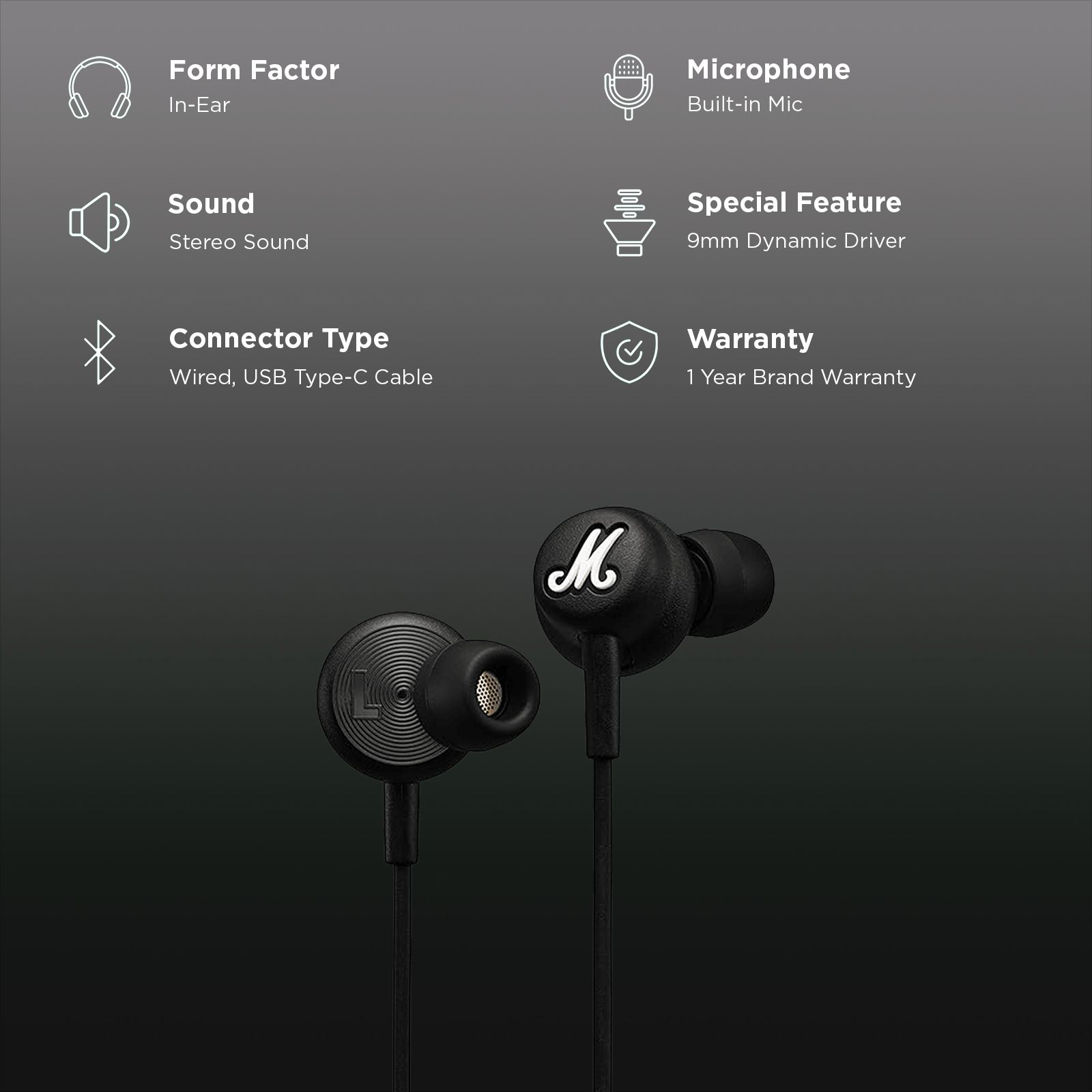 Marshall Mode Wired Earphone with Mic (USB Type-C Connector, In Ear, Black) Marshall Mode Wired Earphone with Mic (USB Type-C Connector, In Ear, Black)_2