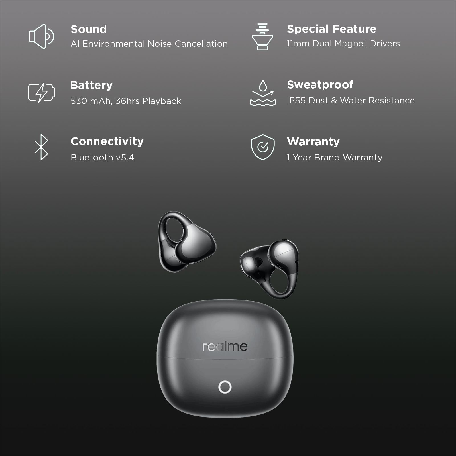 Realme Buds Clip RMA2418 TWS Earbuds with AI Environmental Noise Cancellation (IP55 Dust and Water Resistance, Smart Tap Control, Titanium Black) Realme Buds Clip RMA2418 TWS Earbuds with AI Environmental Noise Cancellation (IP55 Dust and Water Resistance, Smart Tap Control, Titanium Black)_2