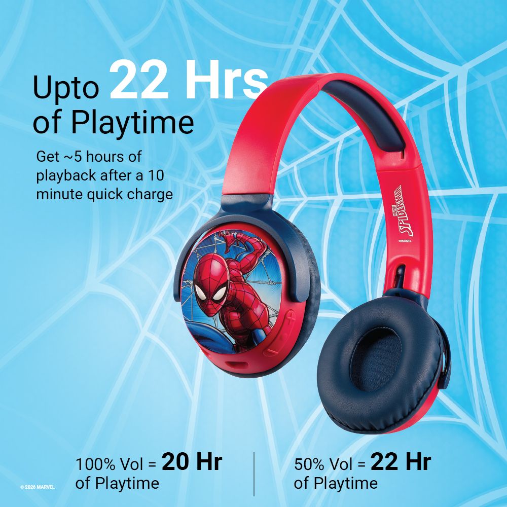 VOLKANO Marvel Spiderman MV-9955-SM Bluetooth Headphone with Mic (Kids Friendly Volume, Over Ear, Red)_4
