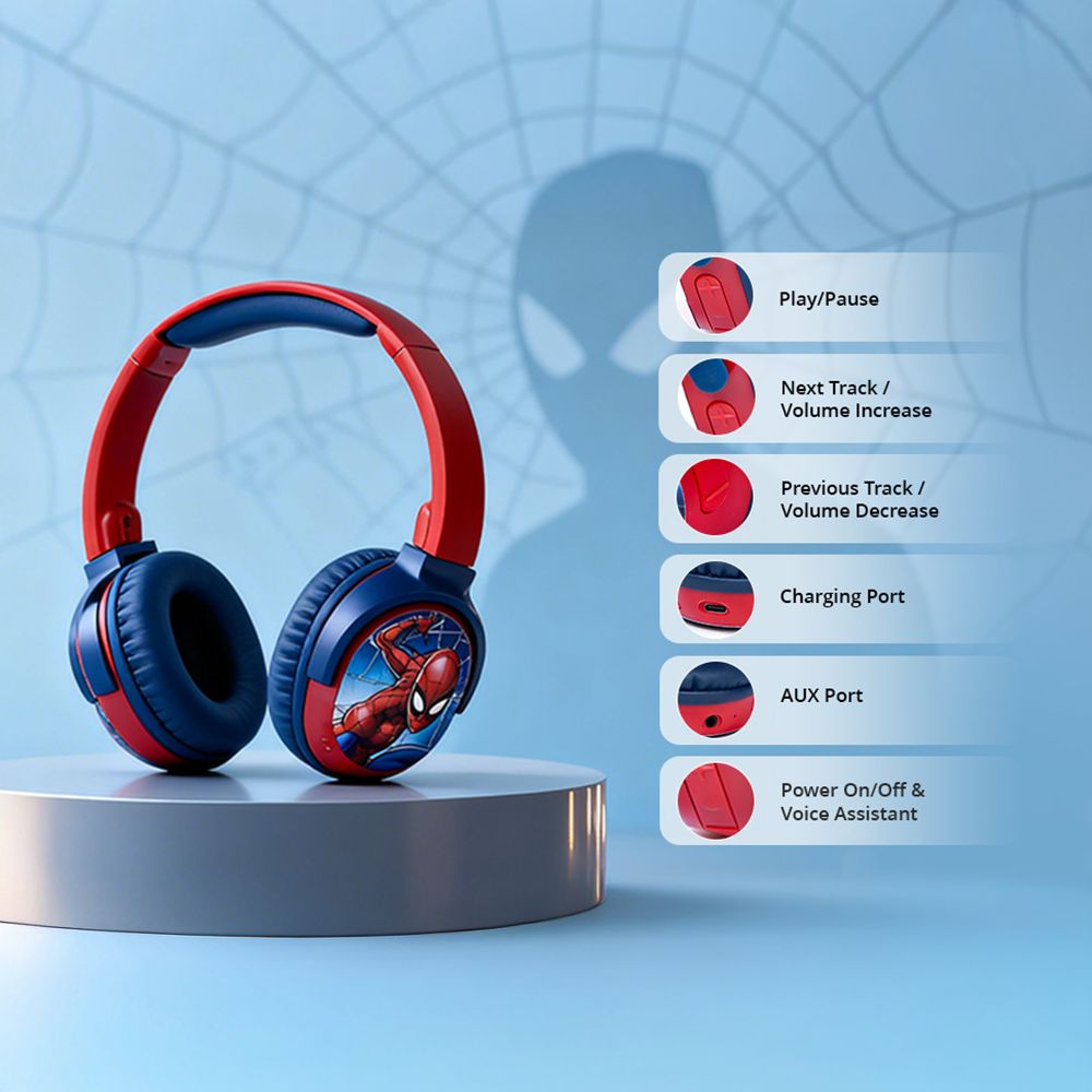 VOLKANO Marvel Spiderman MV-9955-SM Bluetooth Headphone with Mic (Kids Friendly Volume, Over Ear, Red)_5