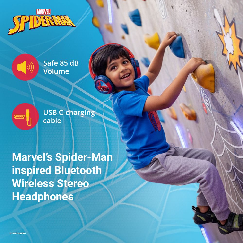VOLKANO Marvel Spiderman MV-9955-SM Bluetooth Headphone with Mic (Kids Friendly Volume, Over Ear, Red)_6