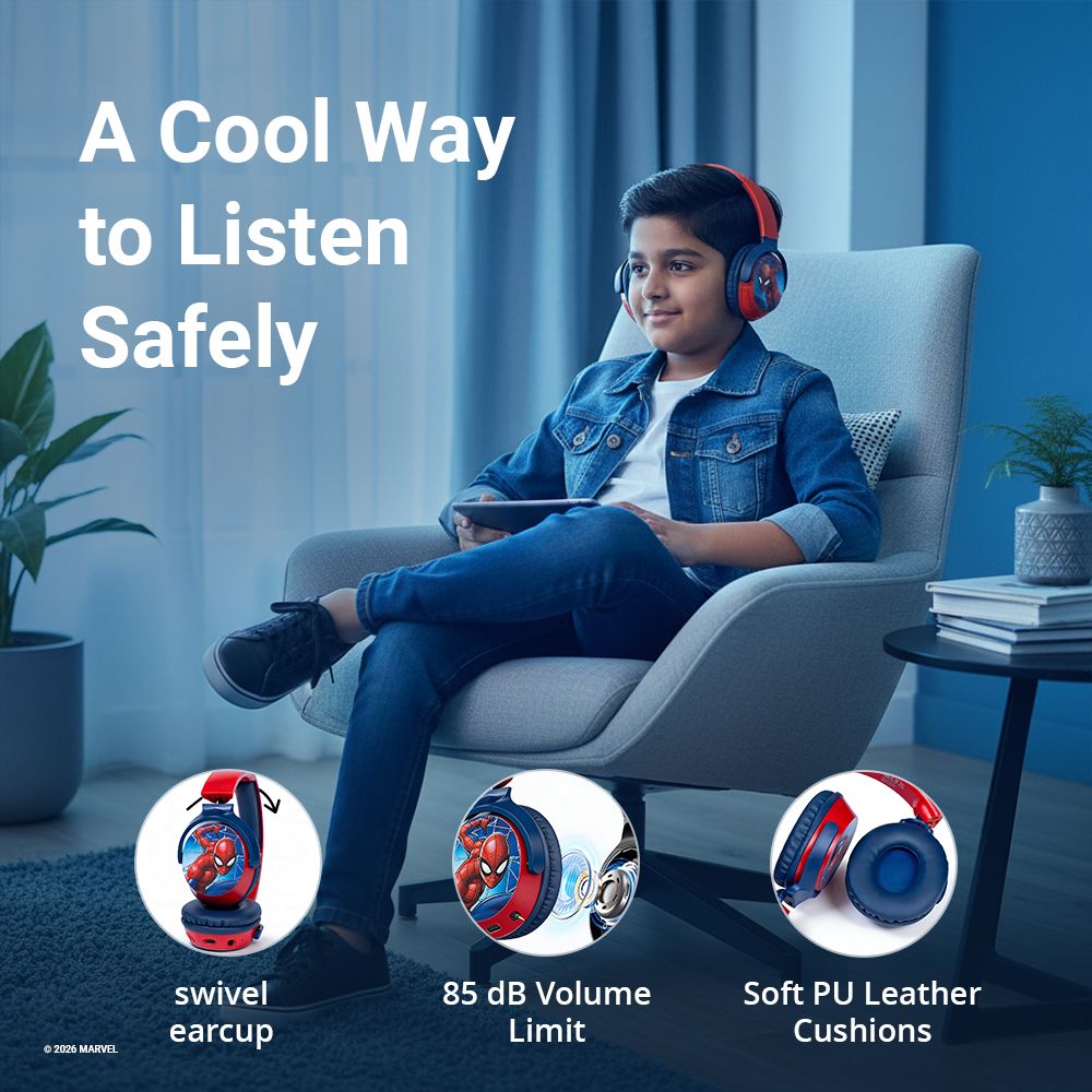 VOLKANO Marvel Spiderman MV-9955-SM Bluetooth Headphone with Mic (Kids Friendly Volume, Over Ear, Red)_7