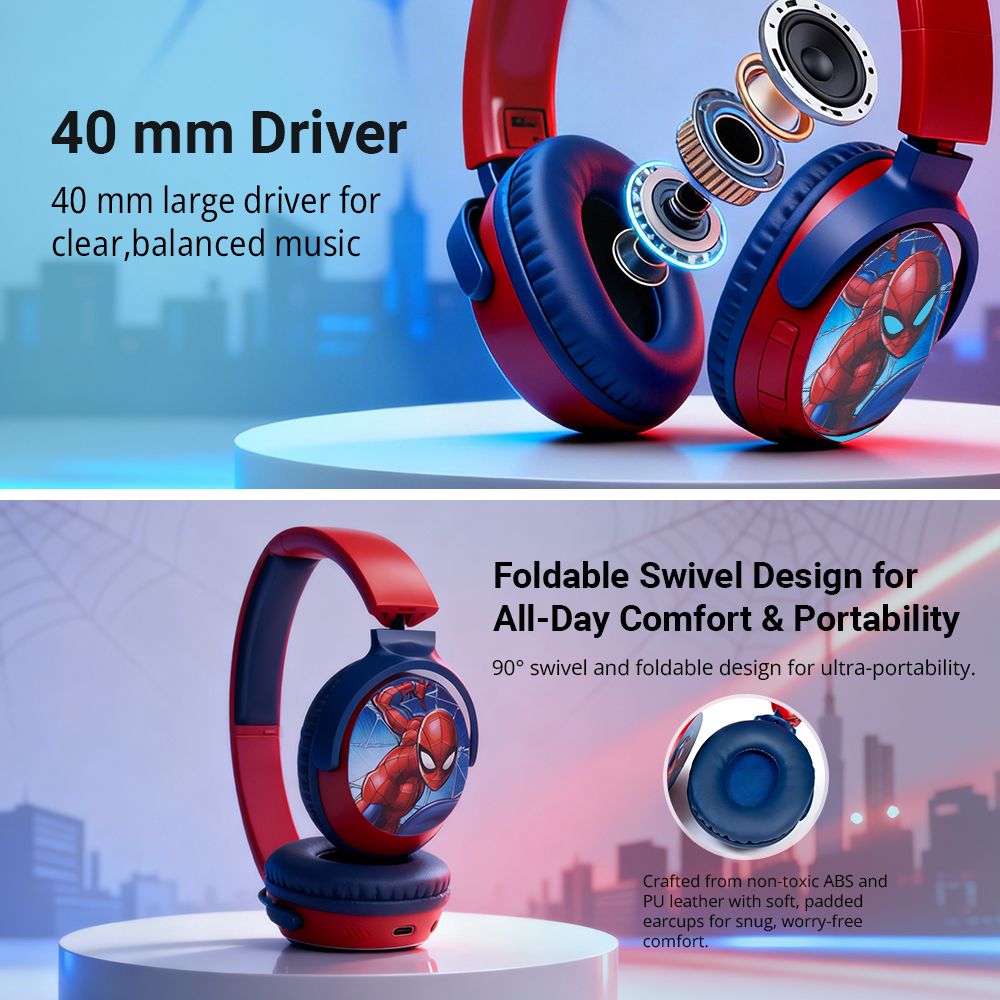 VOLKANO Marvel Spiderman MV-9955-SM Bluetooth Headphone with Mic (Kids Friendly Volume, Over Ear, Red)_8