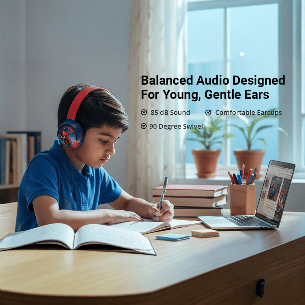 VOLKANO Marvel Spiderman MV-9955-SM Bluetooth Headphone with Mic (Kids Friendly Volume, Over Ear, Red)_11