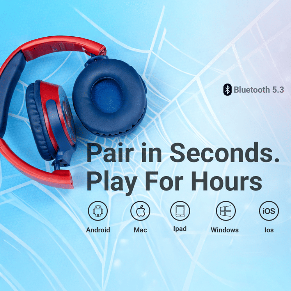 VOLKANO Marvel Spiderman MV-9955-SM Bluetooth Headphone with Mic (Kids Friendly Volume, Over Ear, Red)_12