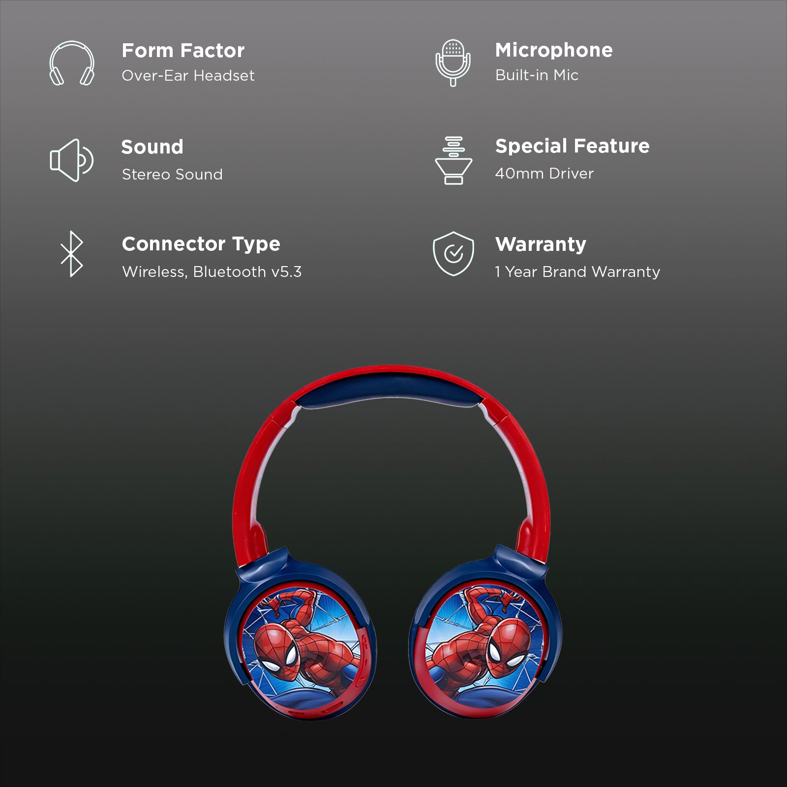 VOLKANO Marvel Spiderman MV-9955-SM Bluetooth Headphone with Mic (Kids Friendly Volume, Over Ear, Red)_2