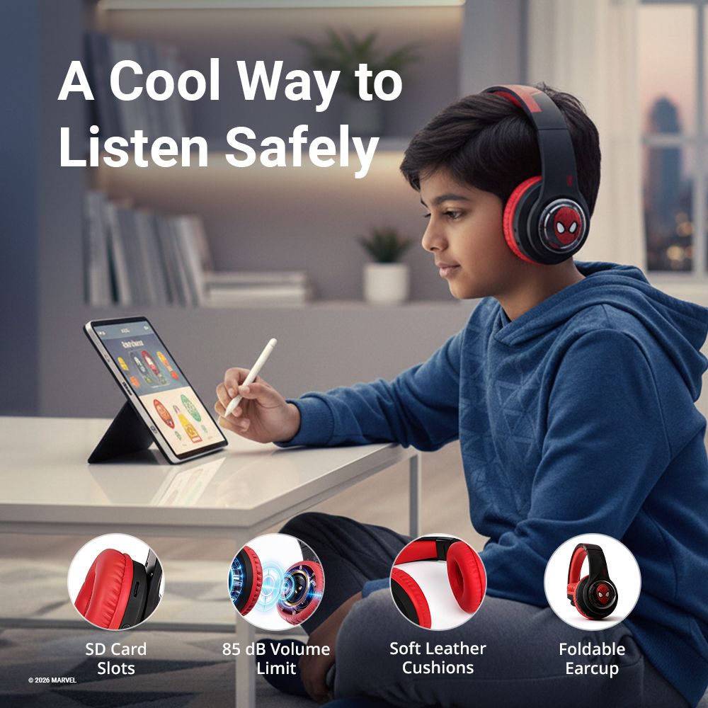 VOLKANO Marvel Spiderman 3D MV-3054-SM Bluetooth Headphone with Mic (Kids Friendly Volume, Over Ear, Red) VOLKANO Marvel Spiderman 3D MV-3054-SM Bluetooth Headphone with Mic (Kids Friendly Volume, Over Ear, Red)_8