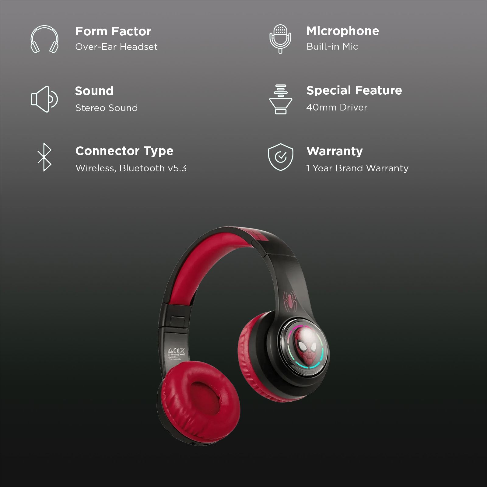 VOLKANO Marvel Spiderman 3D MV-3054-SM Bluetooth Headphone with Mic (Kids Friendly Volume, Over Ear, Red) VOLKANO Marvel Spiderman 3D MV-3054-SM Bluetooth Headphone with Mic (Kids Friendly Volume, Over Ear, Red)_2