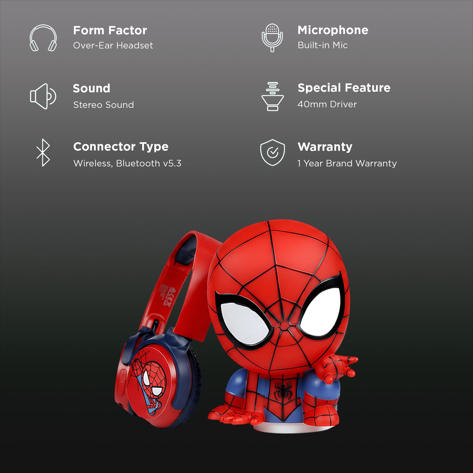 VOLKANO Marvel Spiderman MV-5060-SM Bluetooth Headphone with Mic (Kids Friendly Volume, Over Ear, Red)_2