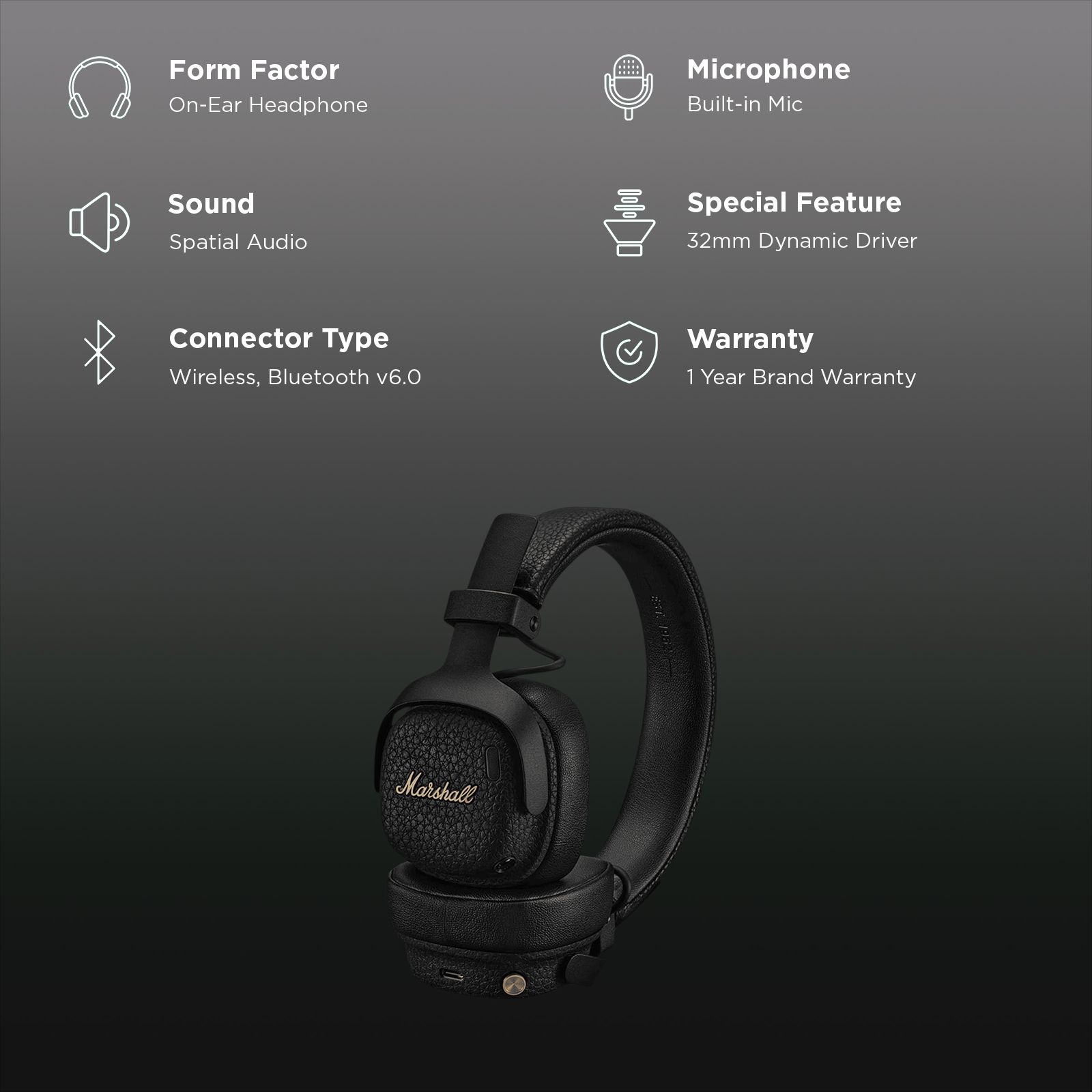 Marshall Milton MS-MILTON ANC Bluetooth Headphone with Mic(Surround Sound, On Ear, Black) Marshall Milton MS-MILTON ANC Bluetooth Headphone with Mic(Surround Sound, On Ear, Black)_2