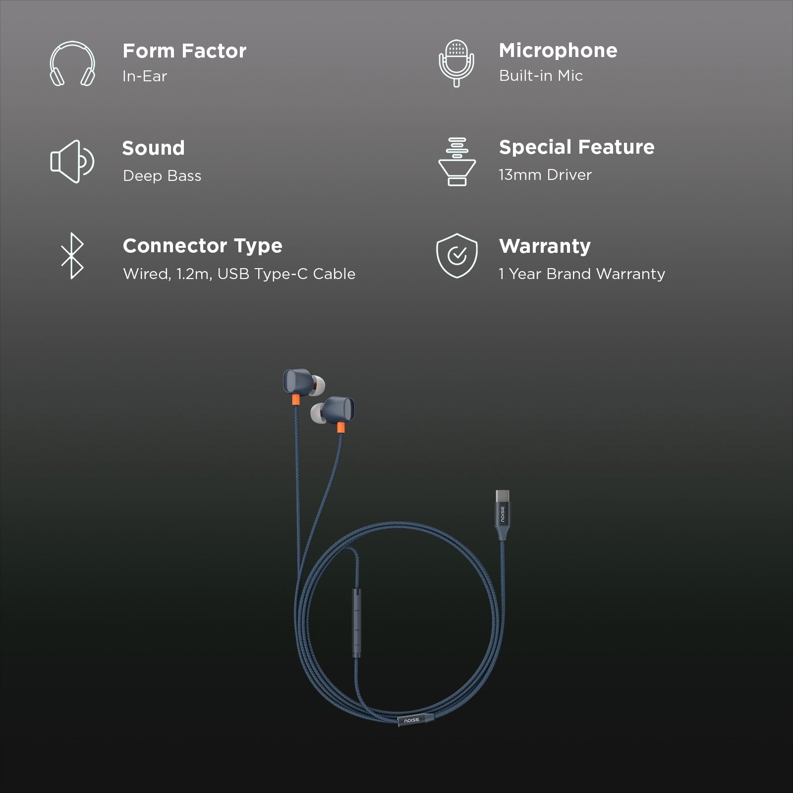 Noise Chord 200 AUDHDPHNCHORD200C Wired Earphone with Mic (USB Type-C Connector, In Ear, Midnight Blue) Noise Chord 200 AUDHDPHNCHORD200C Wired Earphone with Mic (USB Type-C Connector, In Ear, Midnight Blue)_2