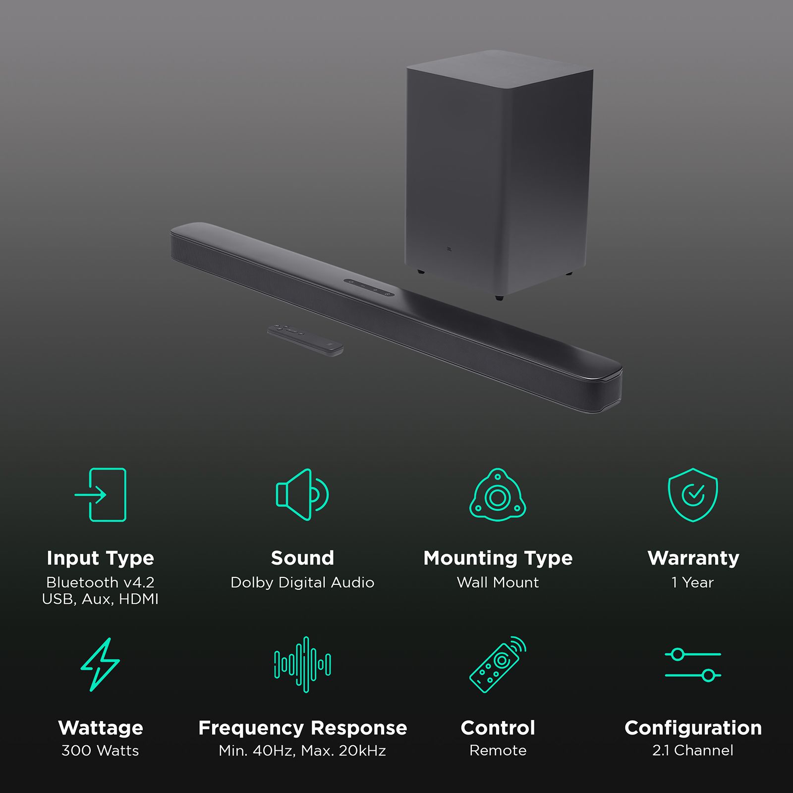 JBL Bar 2.1 300W Bluetooth Soundbar with Remote (Surround Sound, 2.1 Channel, Black)_2