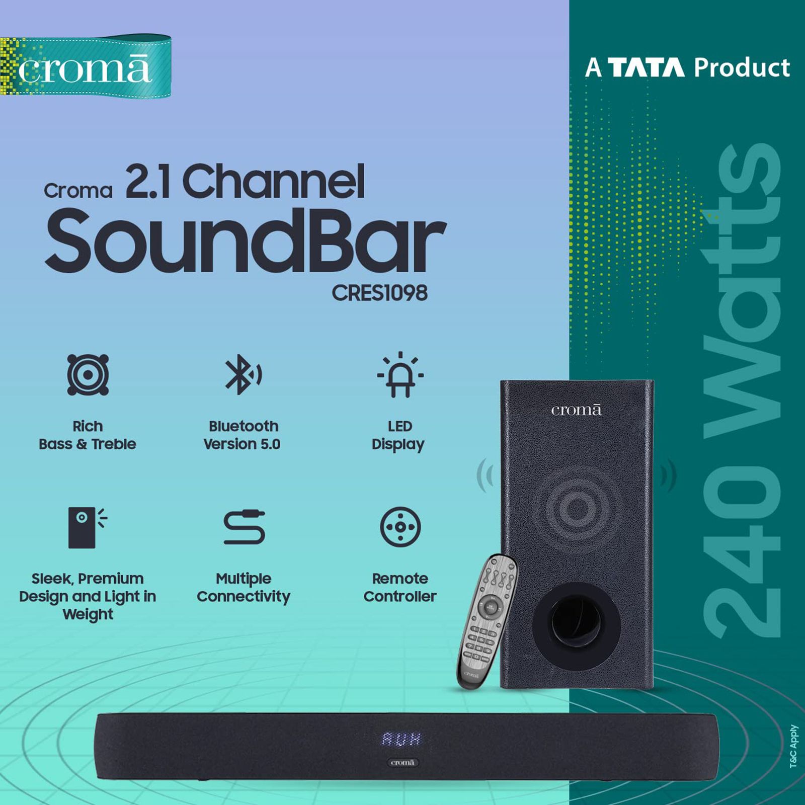 Croma 240W Bluetooth Soundbar with Remote (Rich Bass, 2.1 Channel, Black) Croma 240W Bluetooth Soundbar with Remote (Rich Bass, 2.1 Channel, Black)_10