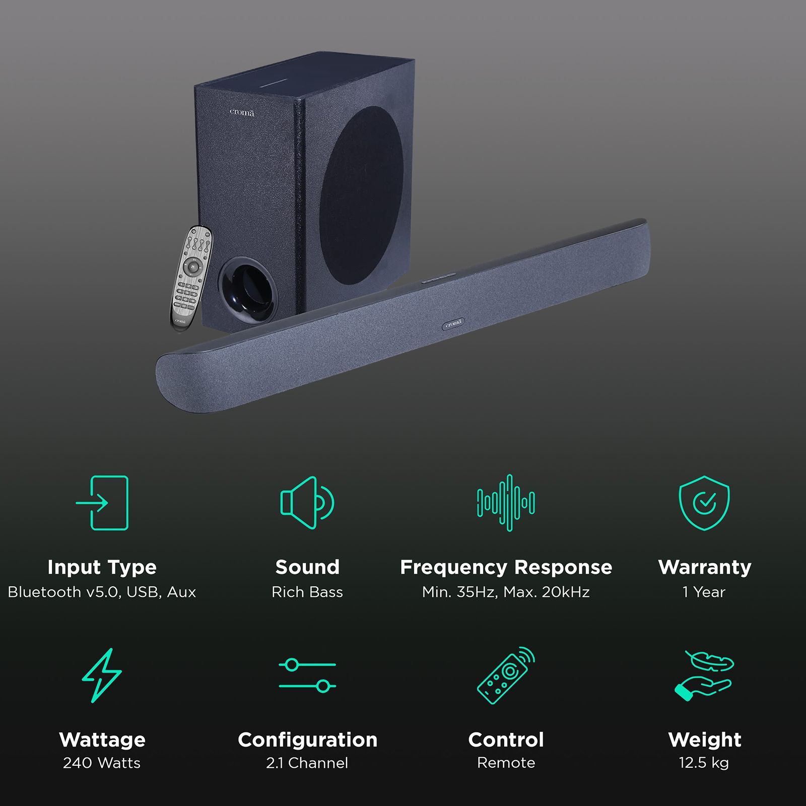 Croma 240W Bluetooth Soundbar with Remote (Rich Bass, 2.1 Channel, Black) Croma 240W Bluetooth Soundbar with Remote (Rich Bass, 2.1 Channel, Black)_2