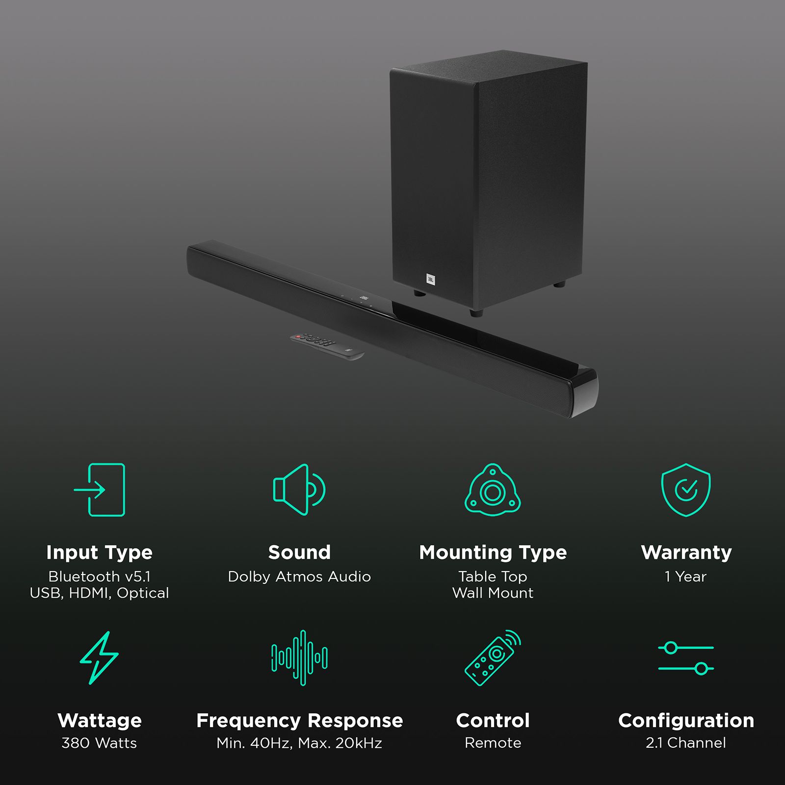 JBL Cinema SB190 380W Bluetooth Soundbar with Remote (Dolby Atmos, 2.1 Channel, Black)_2