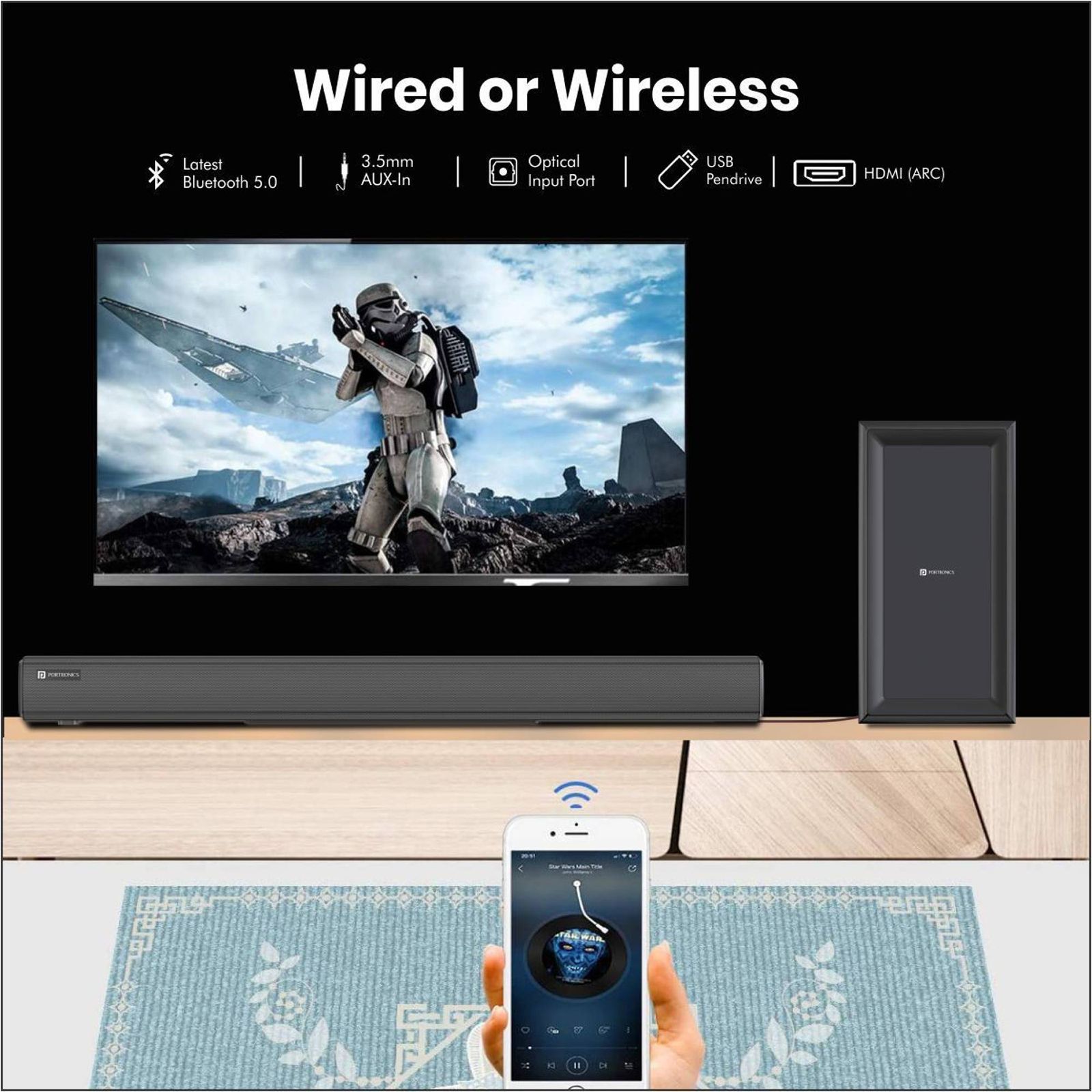 PORTRONICS Pure Sound 101 120W Soundbar with Wired Woofer with Remote (HD Sound, 2.1 Channel, Black) PORTRONICS Pure Sound 101 120W Soundbar with Wired Woofer with Remote (HD Sound, 2.1 Channel, Black)_8
