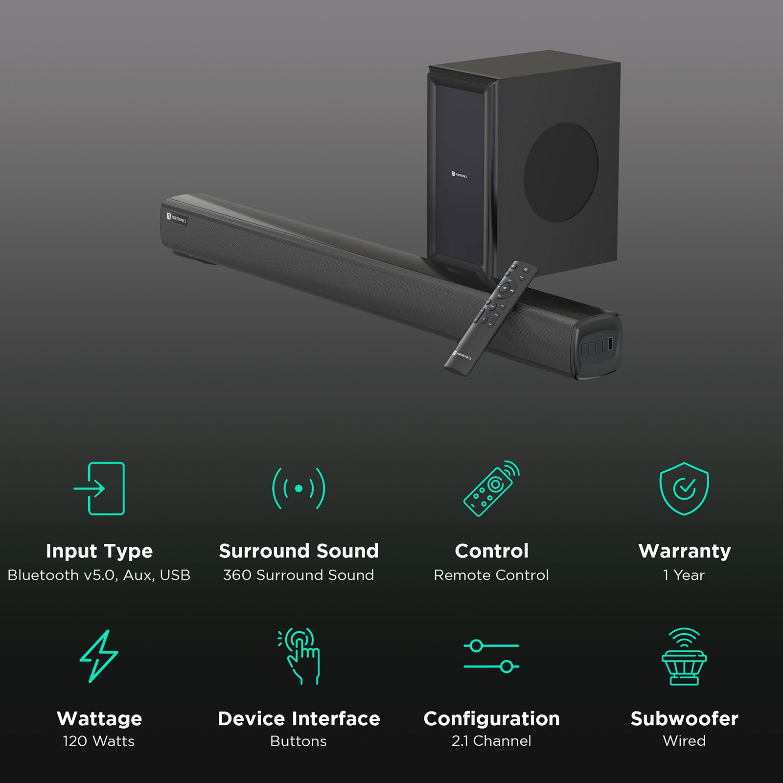 PORTRONICS Pure Sound 101 120W Soundbar with Wired Woofer with Remote (HD Sound, 2.1 Channel, Black) PORTRONICS Pure Sound 101 120W Soundbar with Wired Woofer with Remote (HD Sound, 2.1 Channel, Black)_2