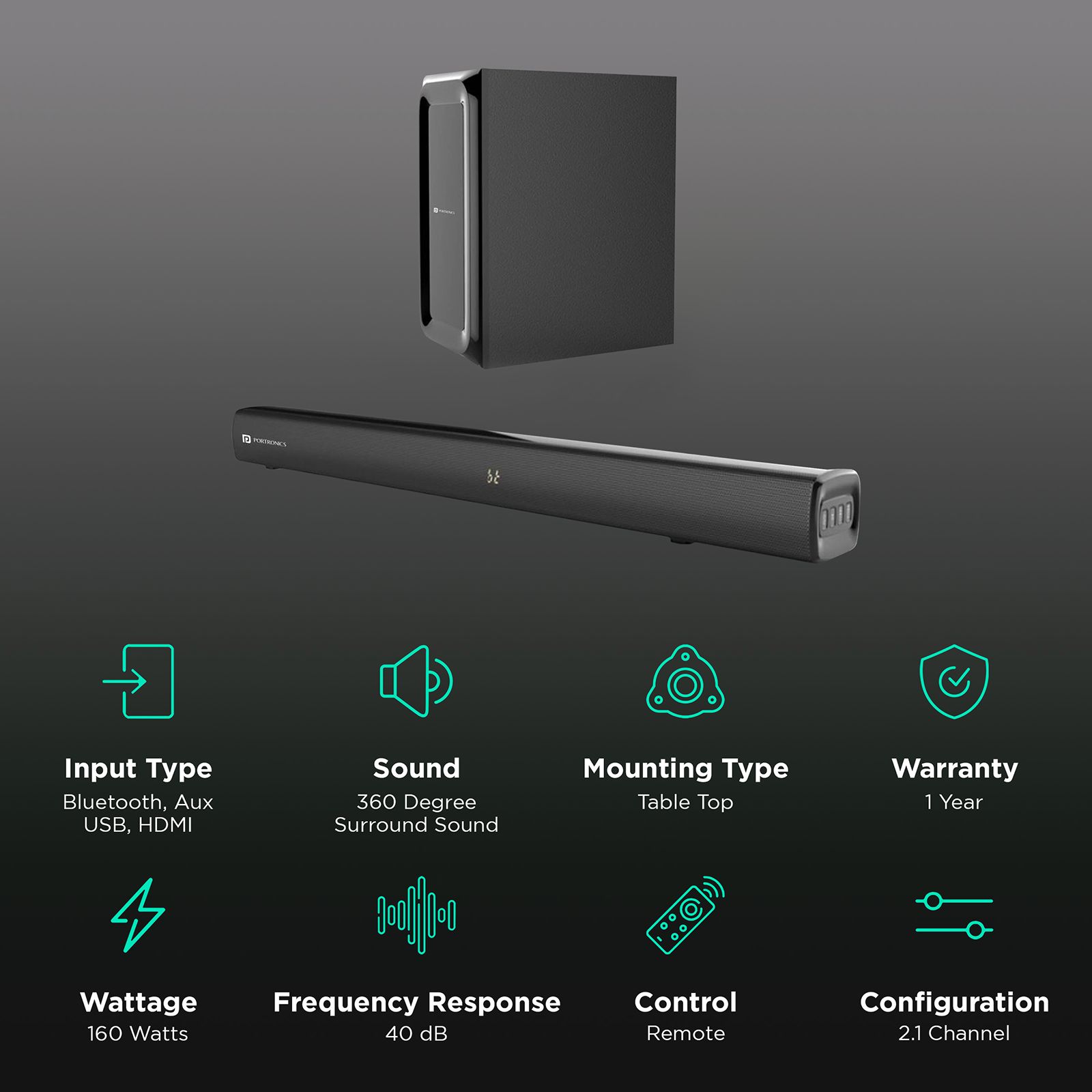 PORTRONICS Pure Sound 102 160W Bluetooth Soundbar with Remote (Surround Sound, 2.1 Channel, Black)_2