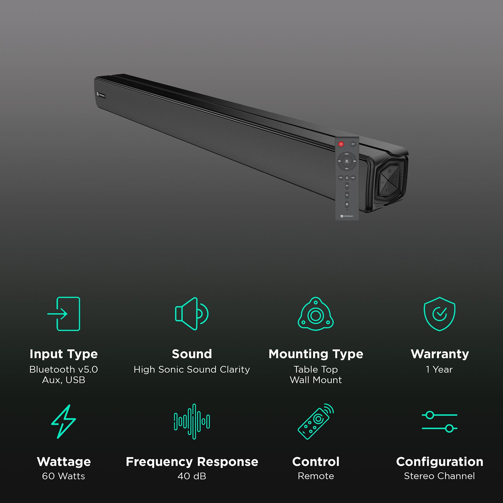 PORTRONICS Pure Sound One 60W Bluetooth Soundbar with Remote (Surround Sound, Stereo Channel, Black) PORTRONICS Pure Sound One 60W Bluetooth Soundbar with Remote (Surround Sound, Stereo Channel, Black)_2