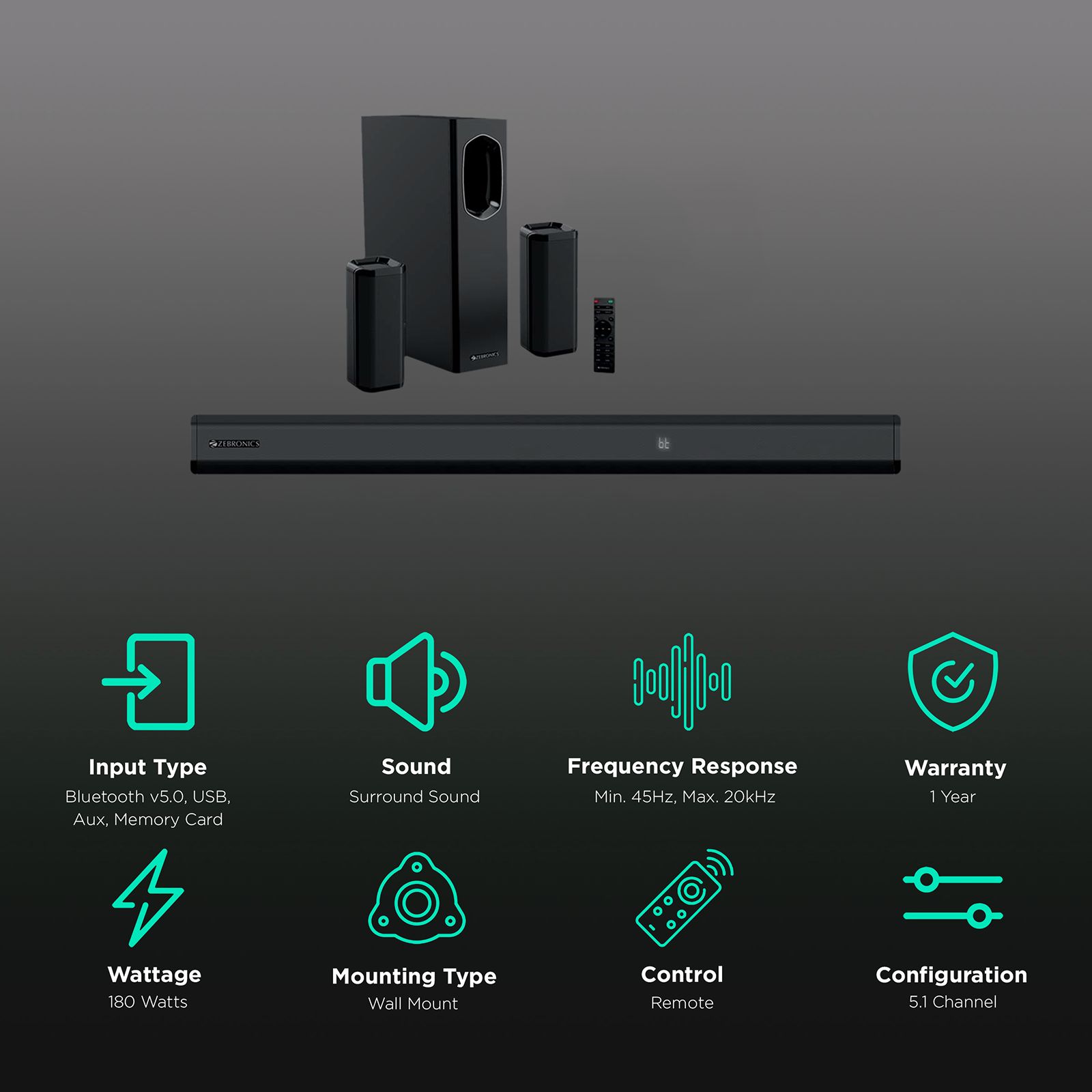 ZEBRONICS Zeb-Juke Bar 7400 Pro 180W Bluetooth Soundbar with Remote (Hi-Fidelity Audio, 5.1 Channel, Black) ZEBRONICS Zeb-Juke Bar 7400 Pro 180W Bluetooth Soundbar with Remote (Hi-Fidelity Audio, 5.1 Channel, Black)_2