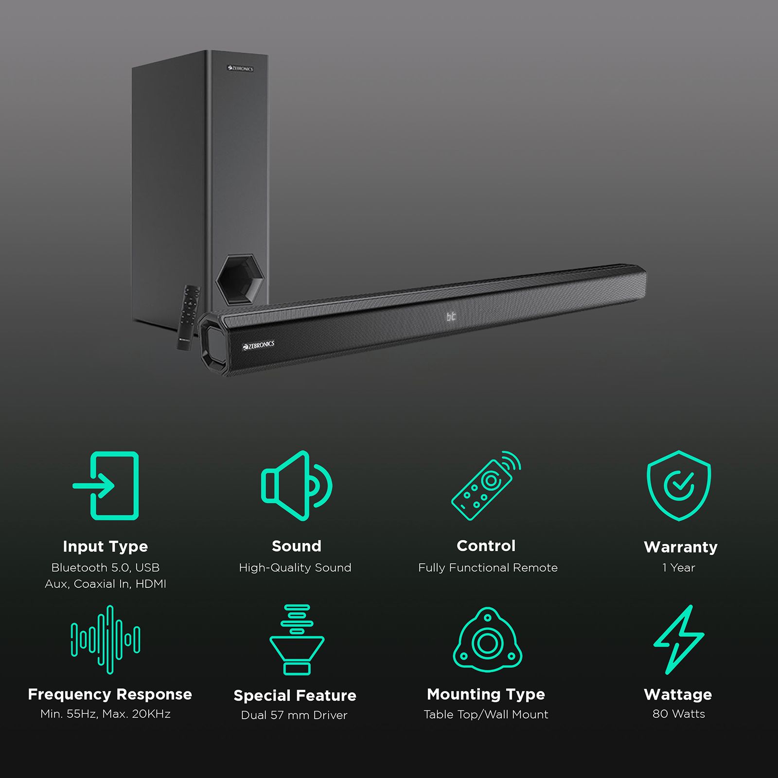 ZEBRONICS Zeb-Juke Bar 3901 80W Bluetooth Soundbar with Remote (Hi-Fidelity Audio, Black)_2