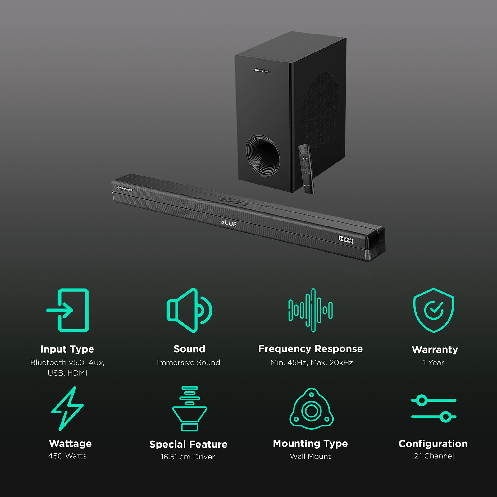 ZEBRONICS Zeb-Juke Bar 9700 450W Bluetooth Soundbar with Remote (Dolby Atmos, 2.1 Channel, Black) ZEBRONICS Zeb-Juke Bar 9700 450W Bluetooth Soundbar with Remote (Dolby Atmos, 2.1 Channel, Black)_2